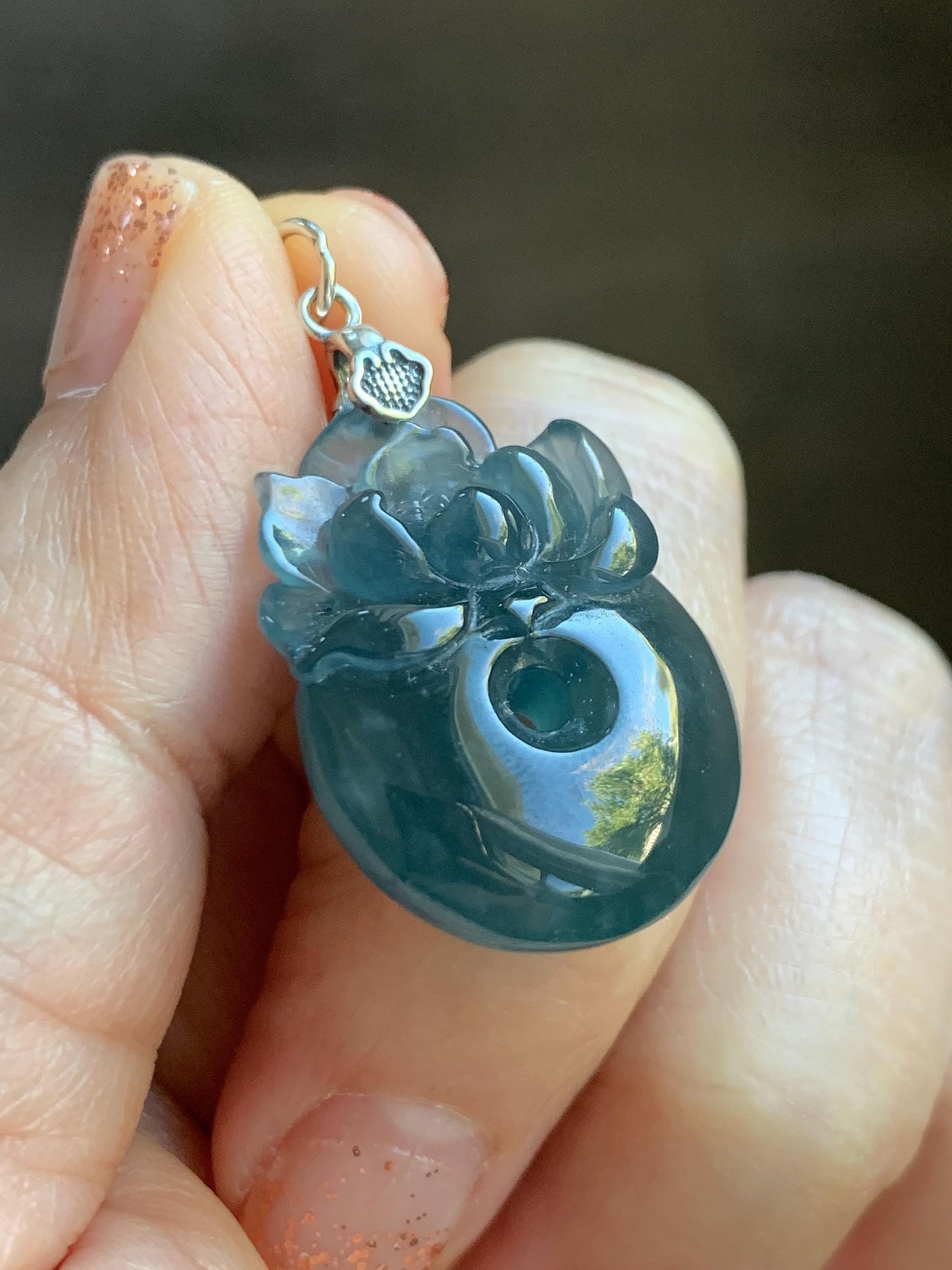 Natural Type A Guatemalan Icy Translucent Aegean Blue Jadeite Lotus Flower Ping An Kou Donut Pendant Sterling Silver 天然冰危牛仔蓝翡翠莲花平安扣吊坠DWH369A