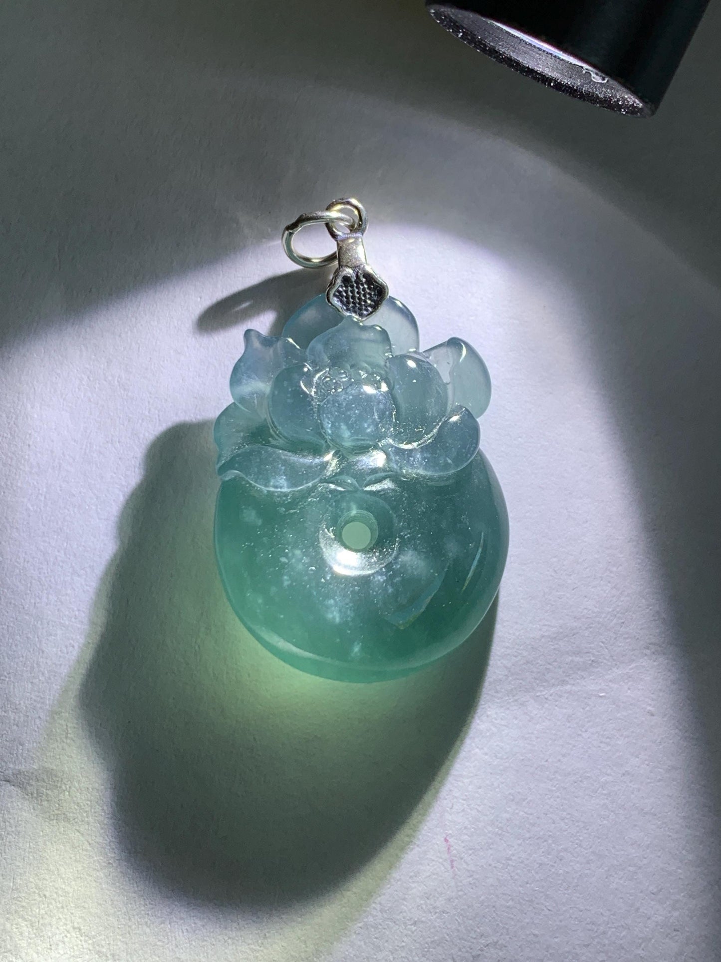 Natural Type A Guatemalan Icy Translucent Aegean Blue Jadeite Lotus Flower Ping An Kou Donut Pendant Sterling Silver 天然冰危牛仔蓝翡翠莲花平安扣吊坠DWH369A