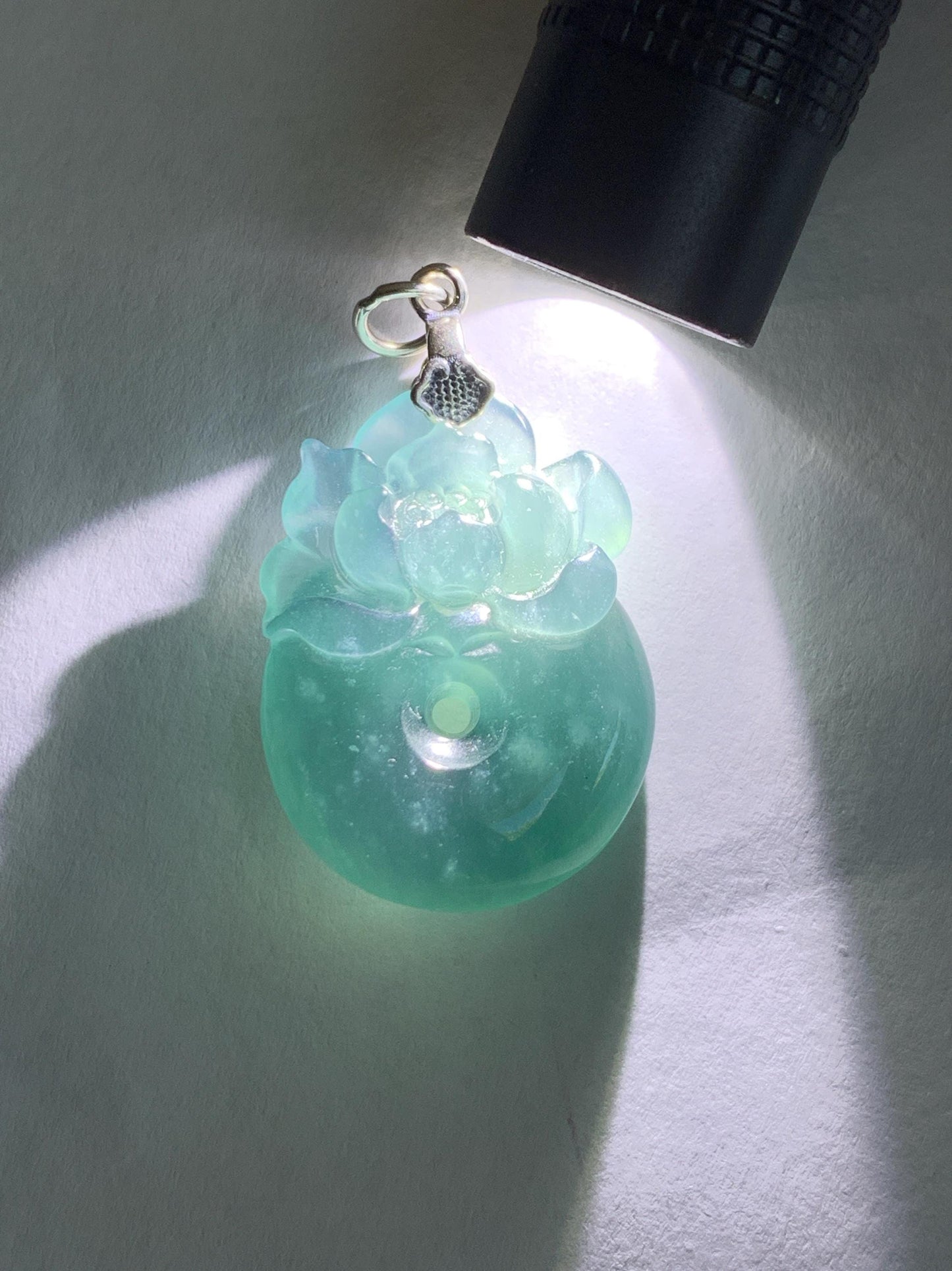 Natural Type A Guatemalan Icy Translucent Aegean Blue Jadeite Lotus Flower Ping An Kou Donut Pendant Sterling Silver 天然冰危牛仔蓝翡翠莲花平安扣吊坠DWH369A
