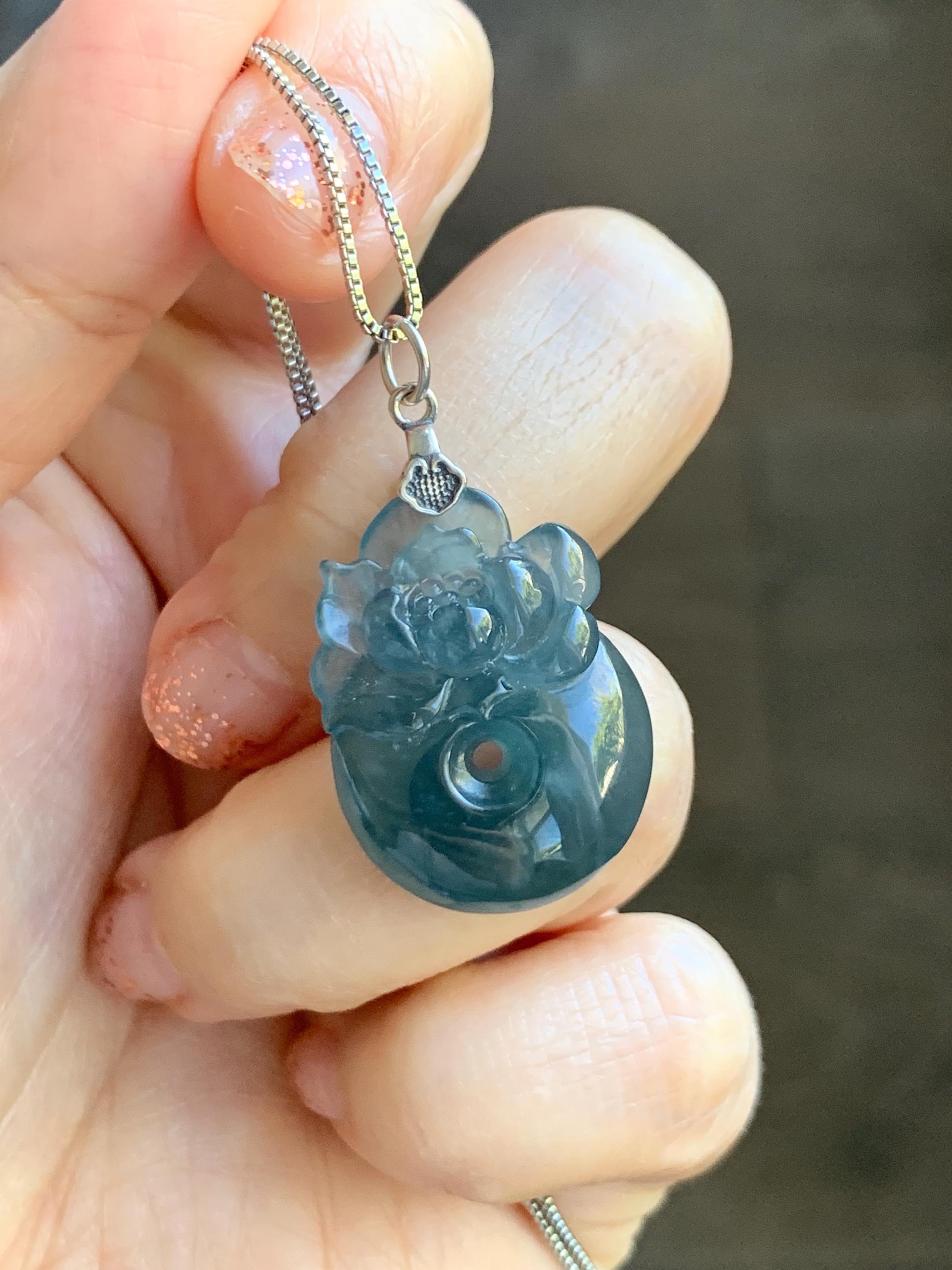 Natural Type A Guatemalan Icy Translucent Aegean Blue Jadeite Lotus Flower Ping An Kou Donut Pendant Sterling Silver 天然冰危牛仔蓝翡翠莲花平安扣吊坠DWH369A