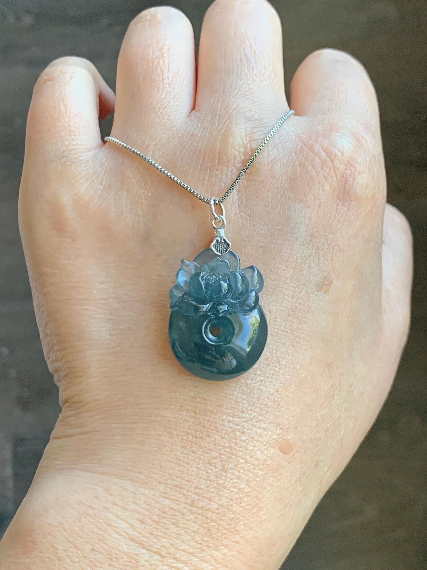 Natural Type A Guatemalan Icy Translucent Aegean Blue Jadeite Lotus Flower Ping An Kou Donut Pendant Sterling Silver 天然冰危牛仔蓝翡翠莲花平安扣吊坠DWH369A