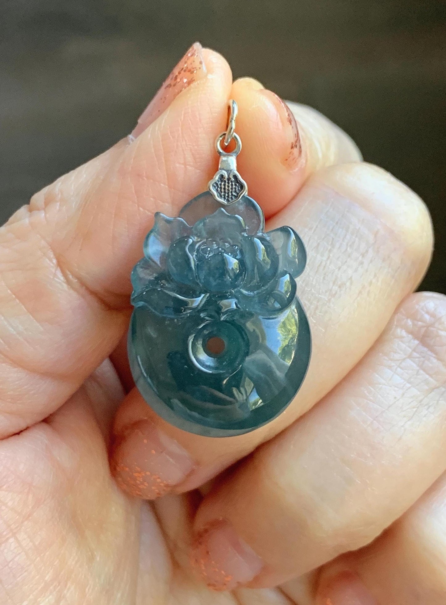 Natural Type A Guatemalan Icy Translucent Aegean Blue Jadeite Lotus Flower Ping An Kou Donut Pendant Sterling Silver 天然冰危牛仔蓝翡翠莲花平安扣吊坠DWH369A
