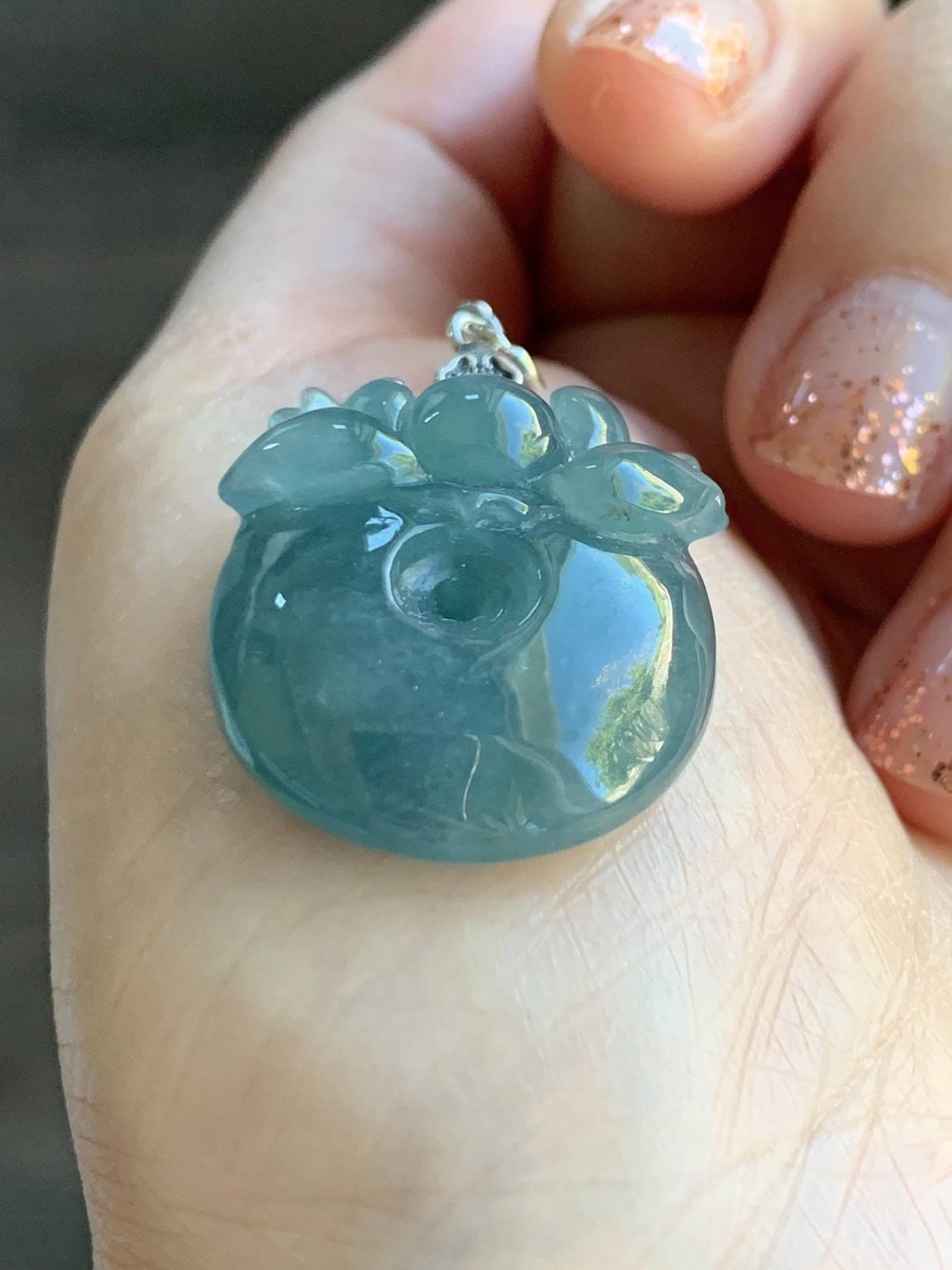 Natural Type A Guatemalan Icy Translucent Teal Blue Jadeite Lotus Flower Ping An Kou Donut Pendant Sterling Silver 天然冰危蓝翡翠莲花平安扣吊坠 DWH369B