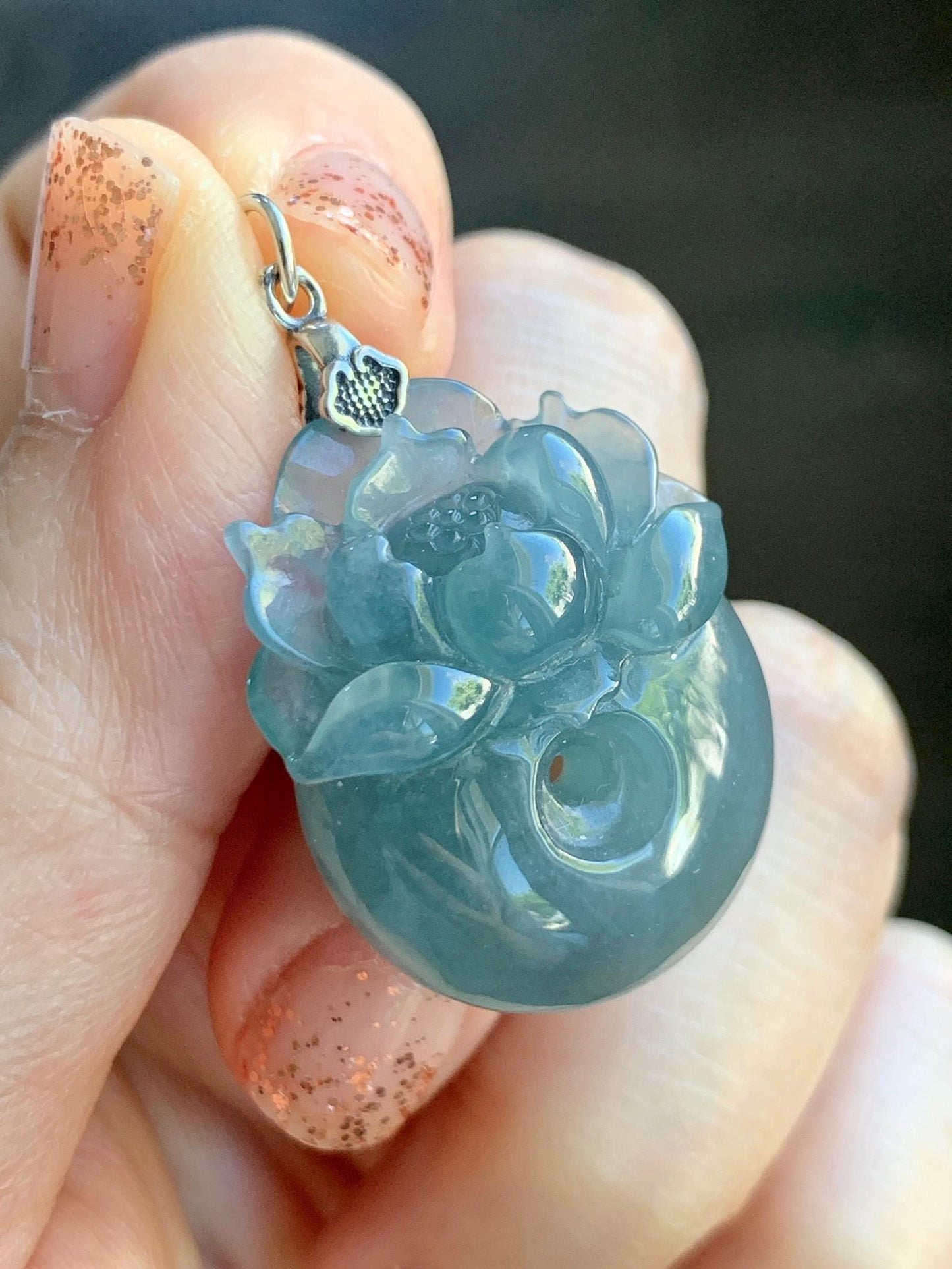 Natural Type A Guatemalan Icy Translucent Teal Blue Jadeite Lotus Flower Ping An Kou Donut Pendant Sterling Silver 天然冰危蓝翡翠莲花平安扣吊坠 DWH369B
