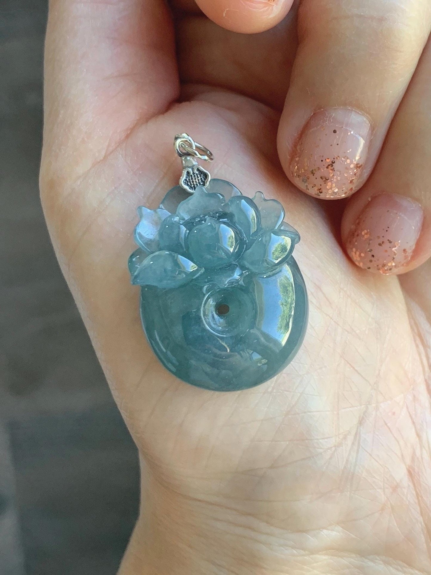 Natural Type A Guatemalan Icy Translucent Teal Blue Jadeite Lotus Flower Ping An Kou Donut Pendant Sterling Silver 天然冰危蓝翡翠莲花平安扣吊坠 DWH369B