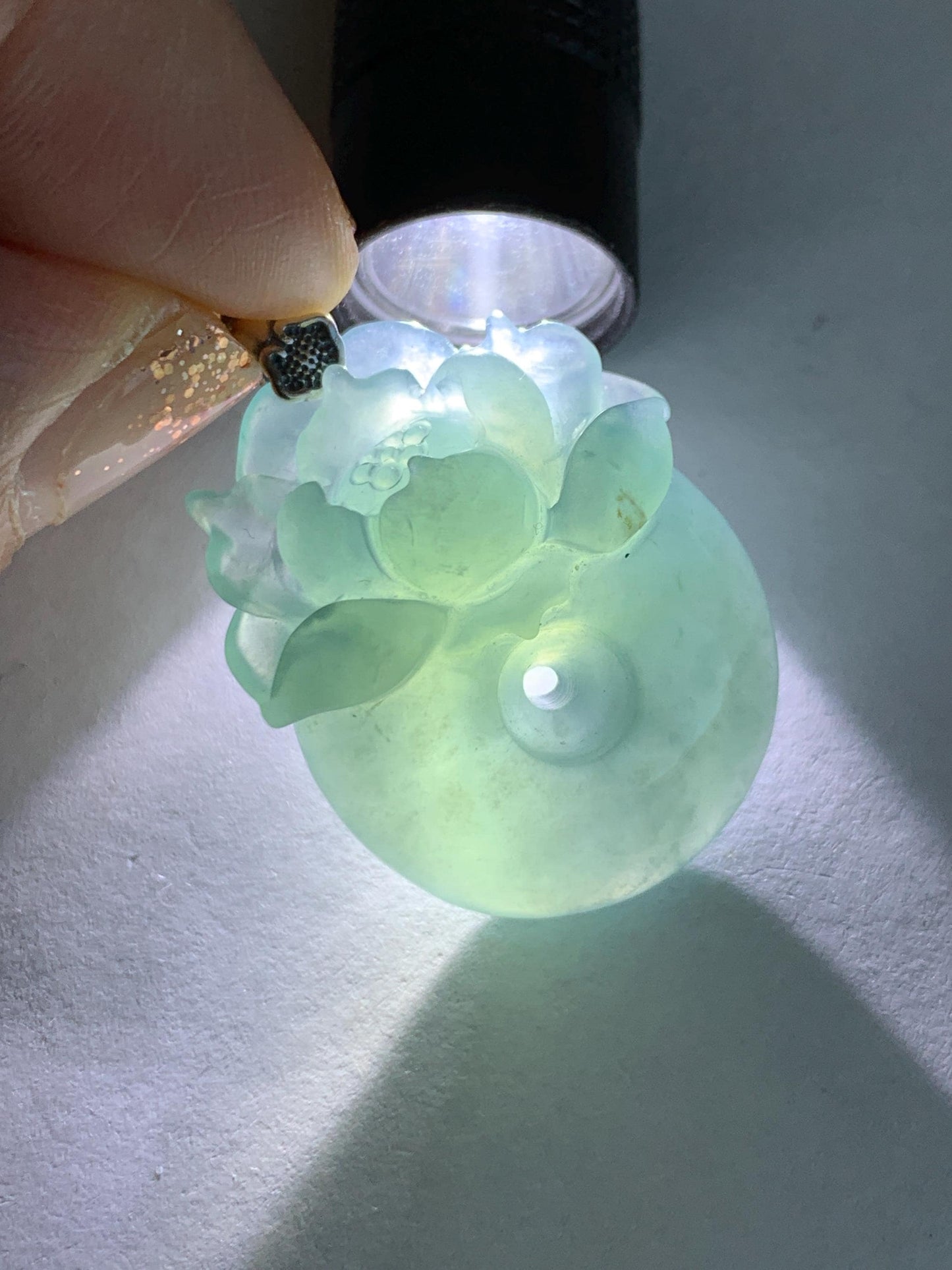 Natural Type A Guatemalan Icy Translucent Teal Blue Jadeite Lotus Flower Ping An Kou Donut Pendant Sterling Silver 天然冰危蓝翡翠莲花平安扣吊坠 DWH369B