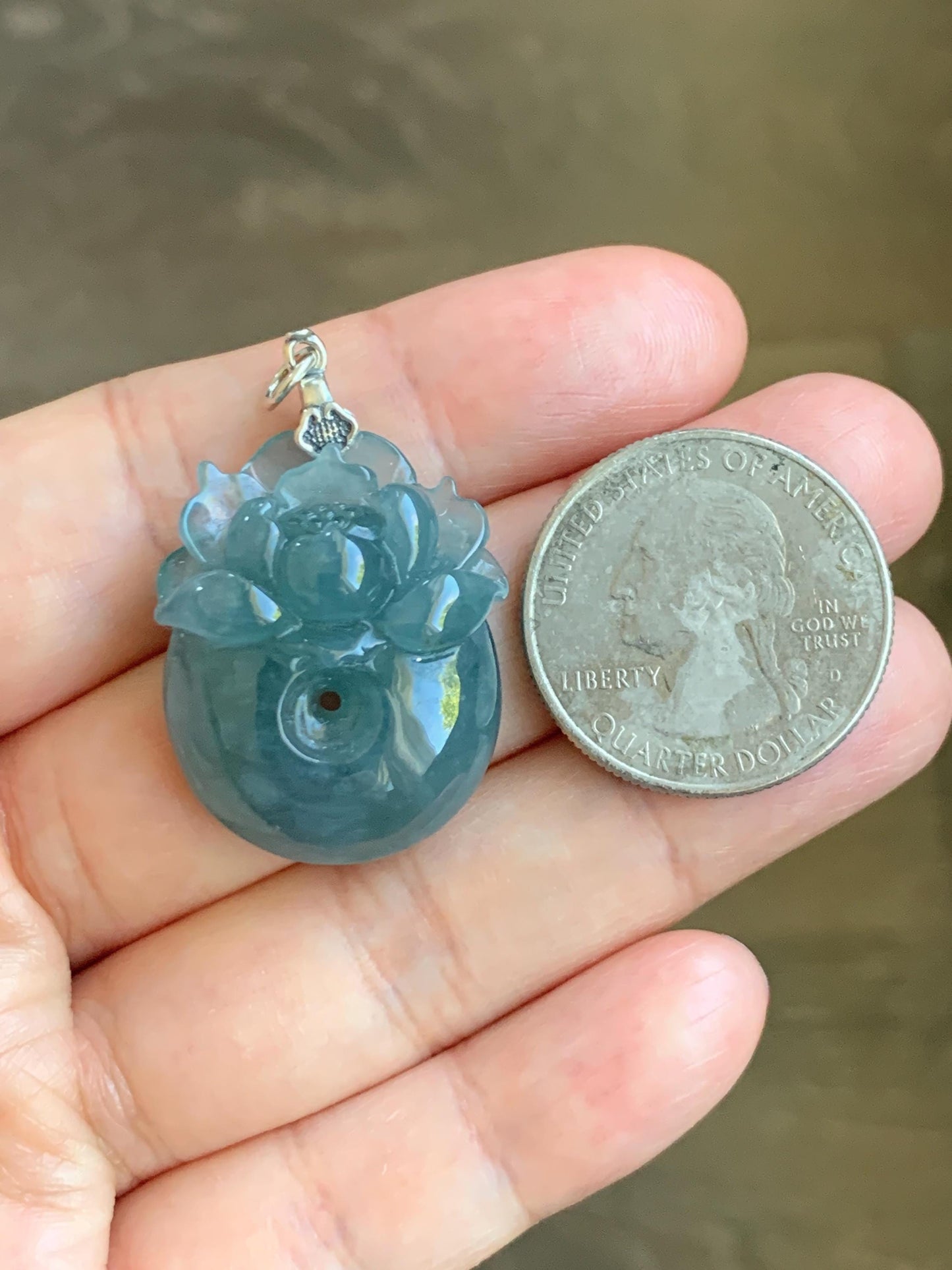 Natural Type A Guatemalan Icy Translucent Teal Blue Jadeite Lotus Flower Ping An Kou Donut Pendant Sterling Silver 天然冰危蓝翡翠莲花平安扣吊坠 DWH369B