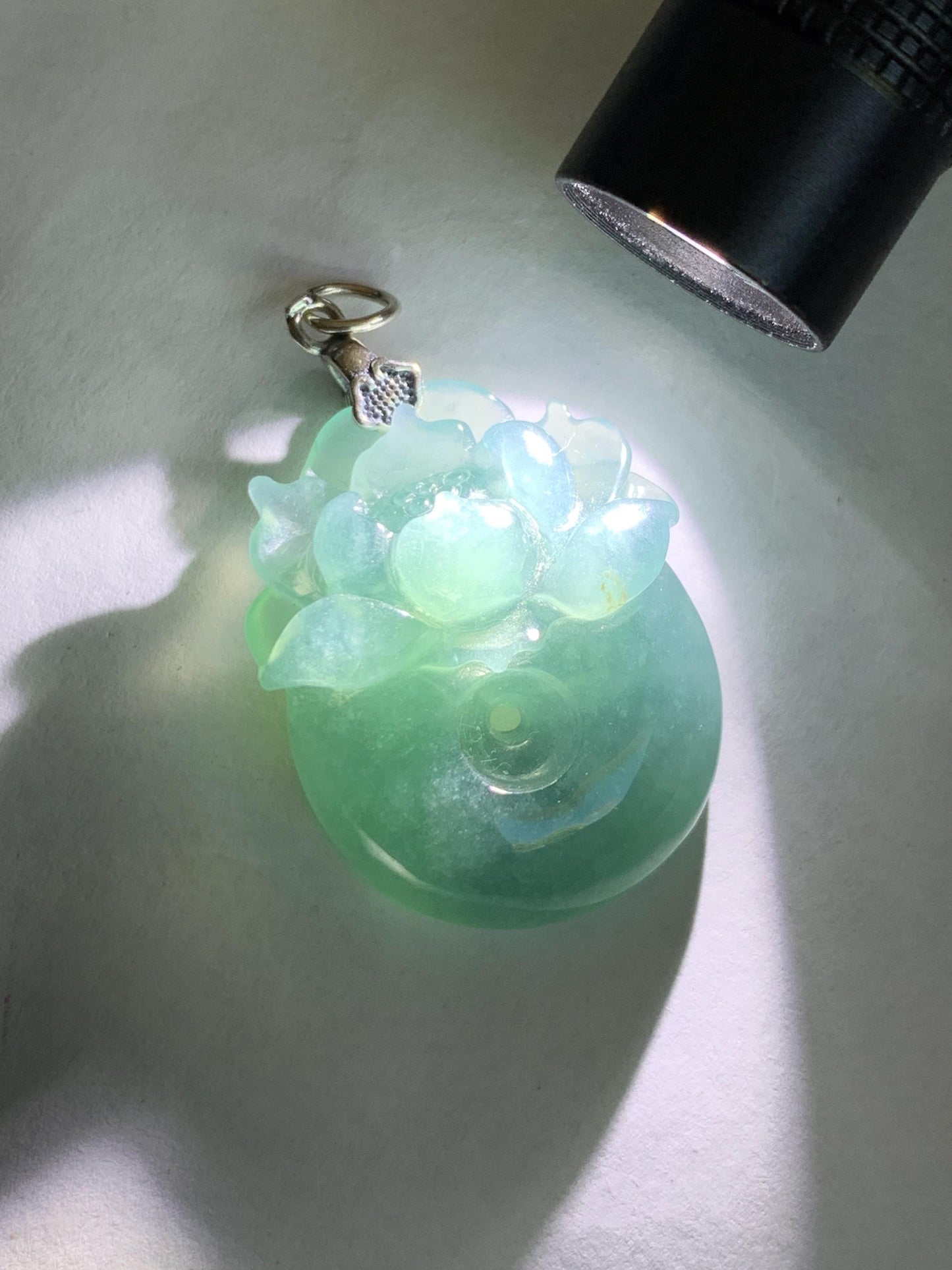 Natural Type A Guatemalan Icy Translucent Teal Blue Jadeite Lotus Flower Ping An Kou Donut Pendant Sterling Silver 天然冰危蓝翡翠莲花平安扣吊坠 DWH369B