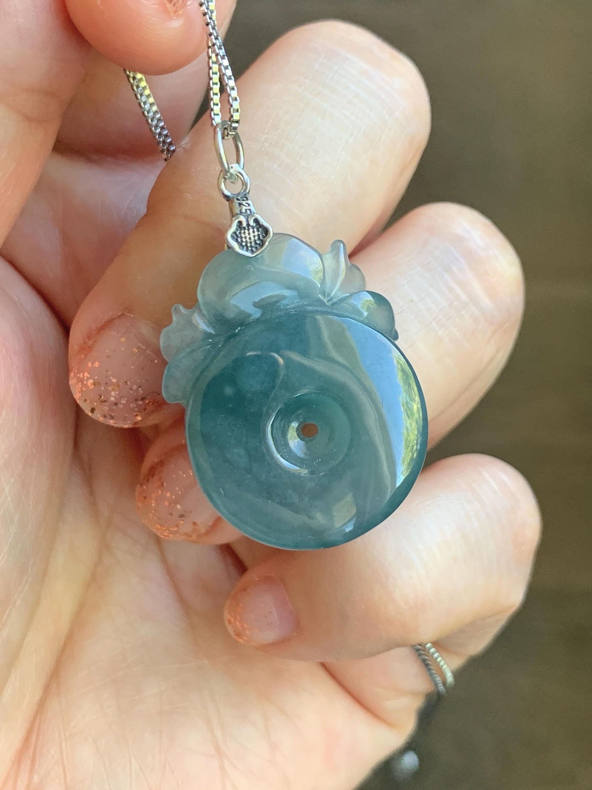 Natural Type A Guatemalan Icy Translucent Teal Blue Jadeite Lotus Flower Ping An Kou Donut Pendant Sterling Silver 天然冰危蓝翡翠莲花平安扣吊坠 DWH369B