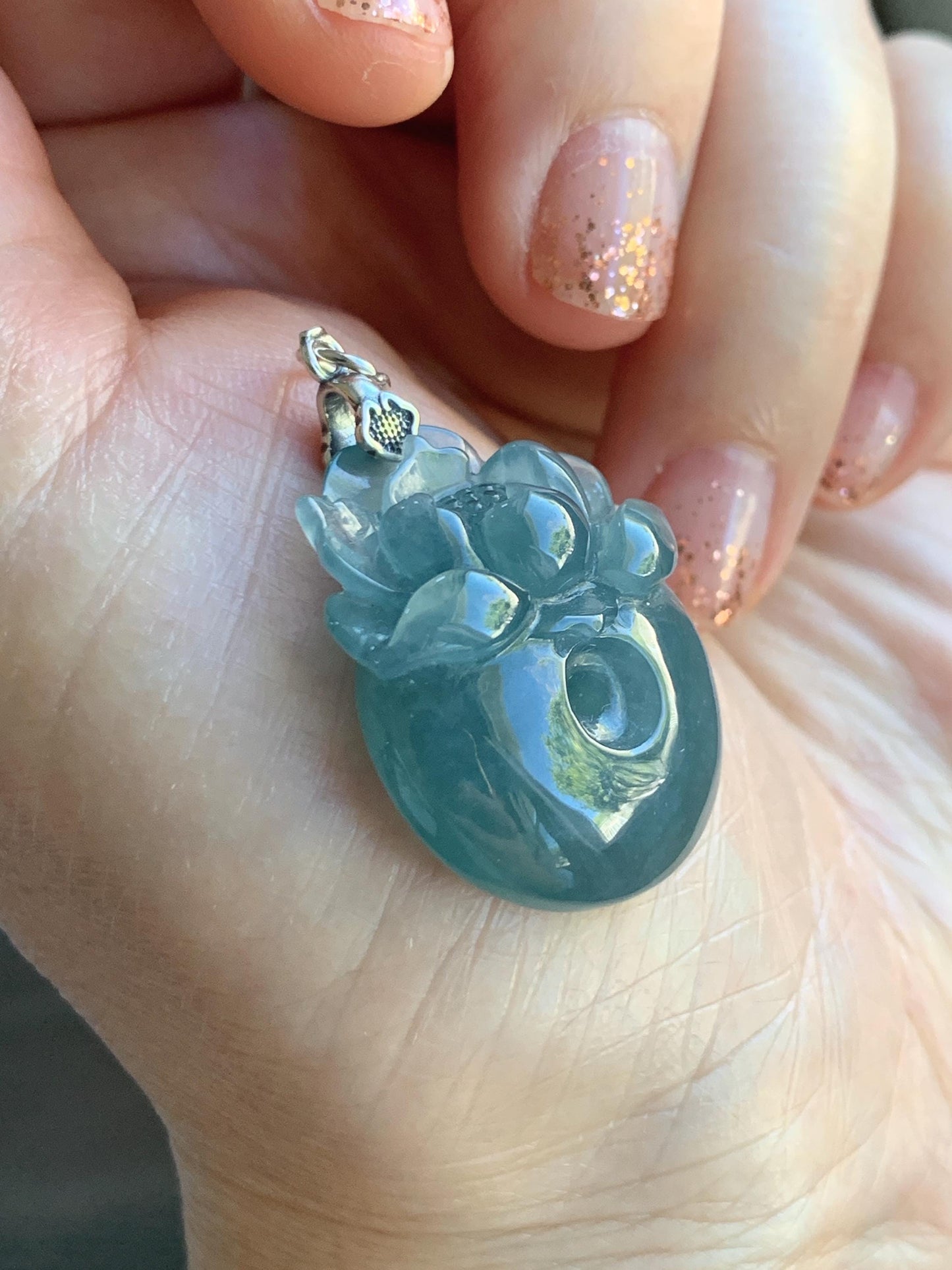 Natural Type A Guatemalan Icy Translucent Teal Blue Jadeite Lotus Flower Ping An Kou Donut Pendant Sterling Silver 天然冰危蓝翡翠莲花平安扣吊坠 DWH369B