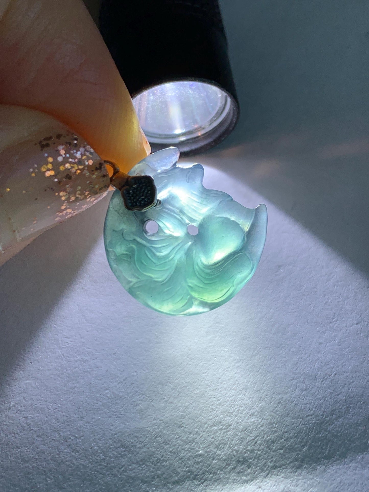 Natural Grade A Guatemalan Icy Translucent Teal Blue Jade Jadeite Nine-tailed Fox Petite Pendant Sterling Silver 天然冰危蓝绿翡翠迷你九尾狐月亮镶嵌吊坠 WXK253J