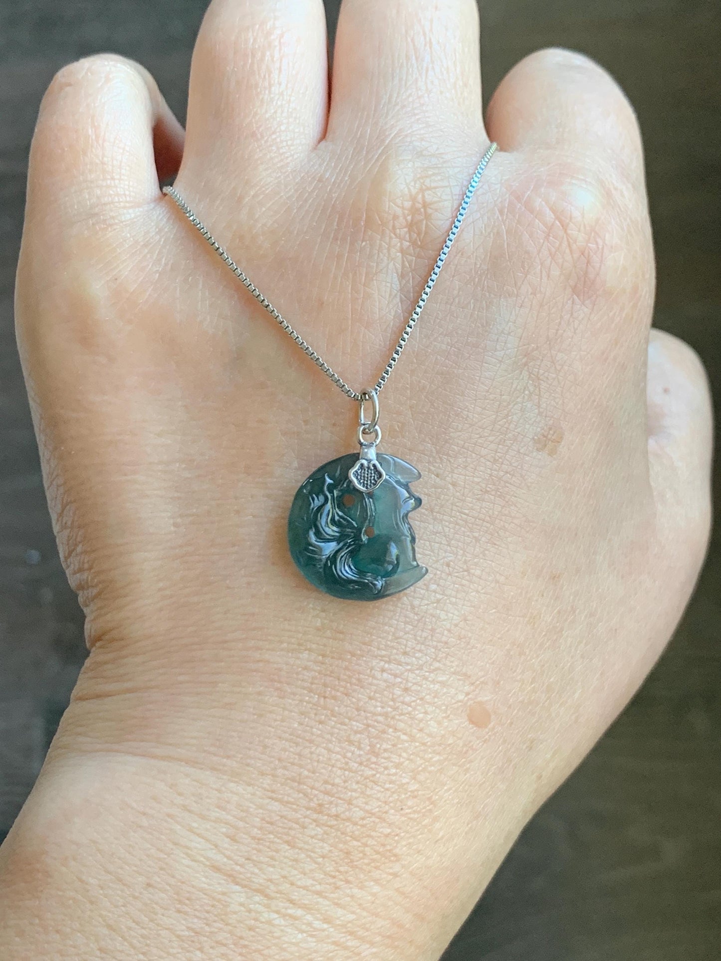 Natural Grade A Guatemalan Icy Translucent Teal Blue Jade Jadeite Nine-tailed Fox Petite Pendant Sterling Silver 天然冰危蓝绿翡翠迷你九尾狐月亮镶嵌吊坠 WXK253J