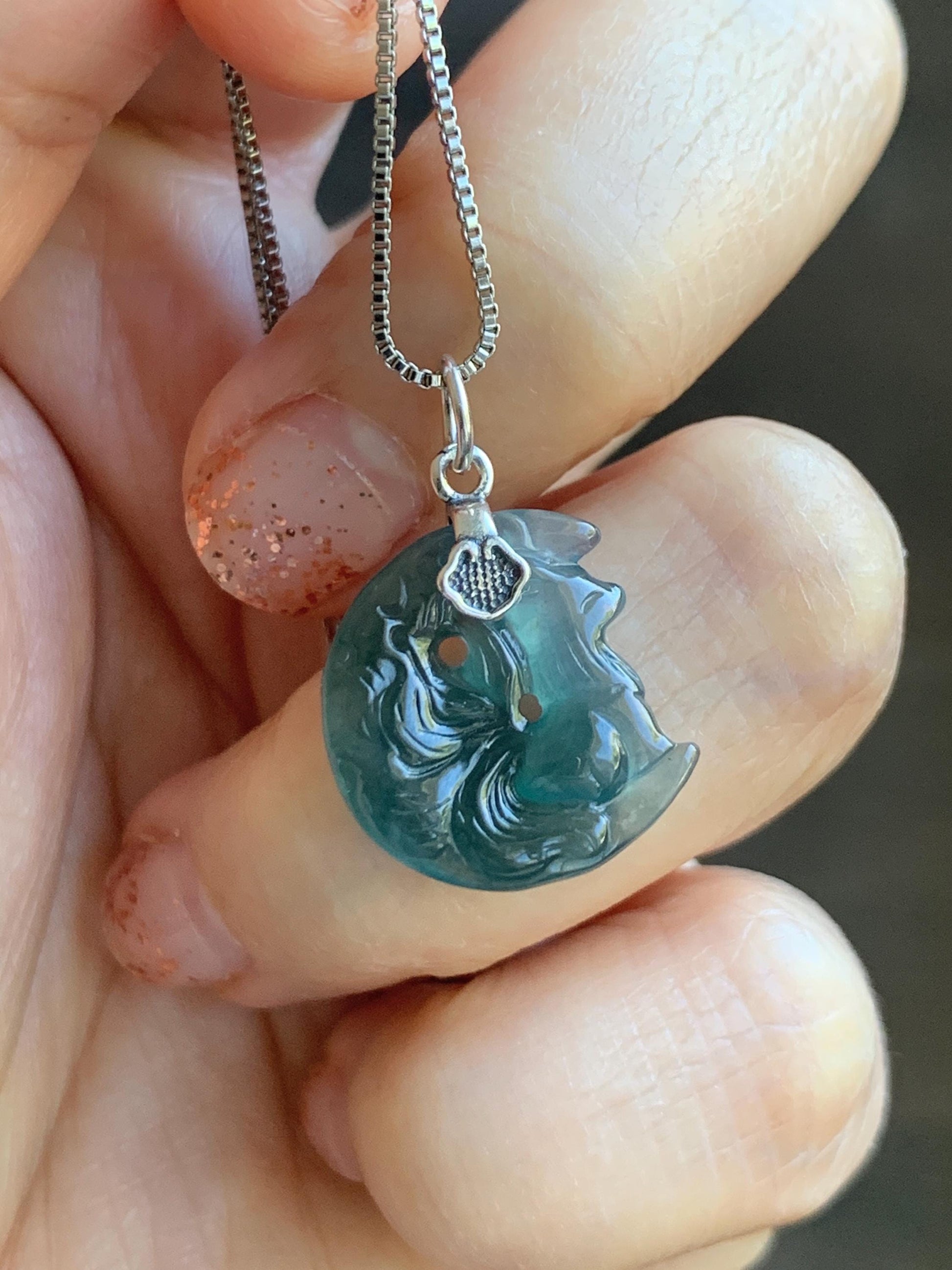 Natural Grade A Guatemalan Icy Translucent Teal Blue Jade Jadeite Nine-tailed Fox Petite Pendant Sterling Silver 天然冰危蓝绿翡翠迷你九尾狐月亮镶嵌吊坠 WXK253J