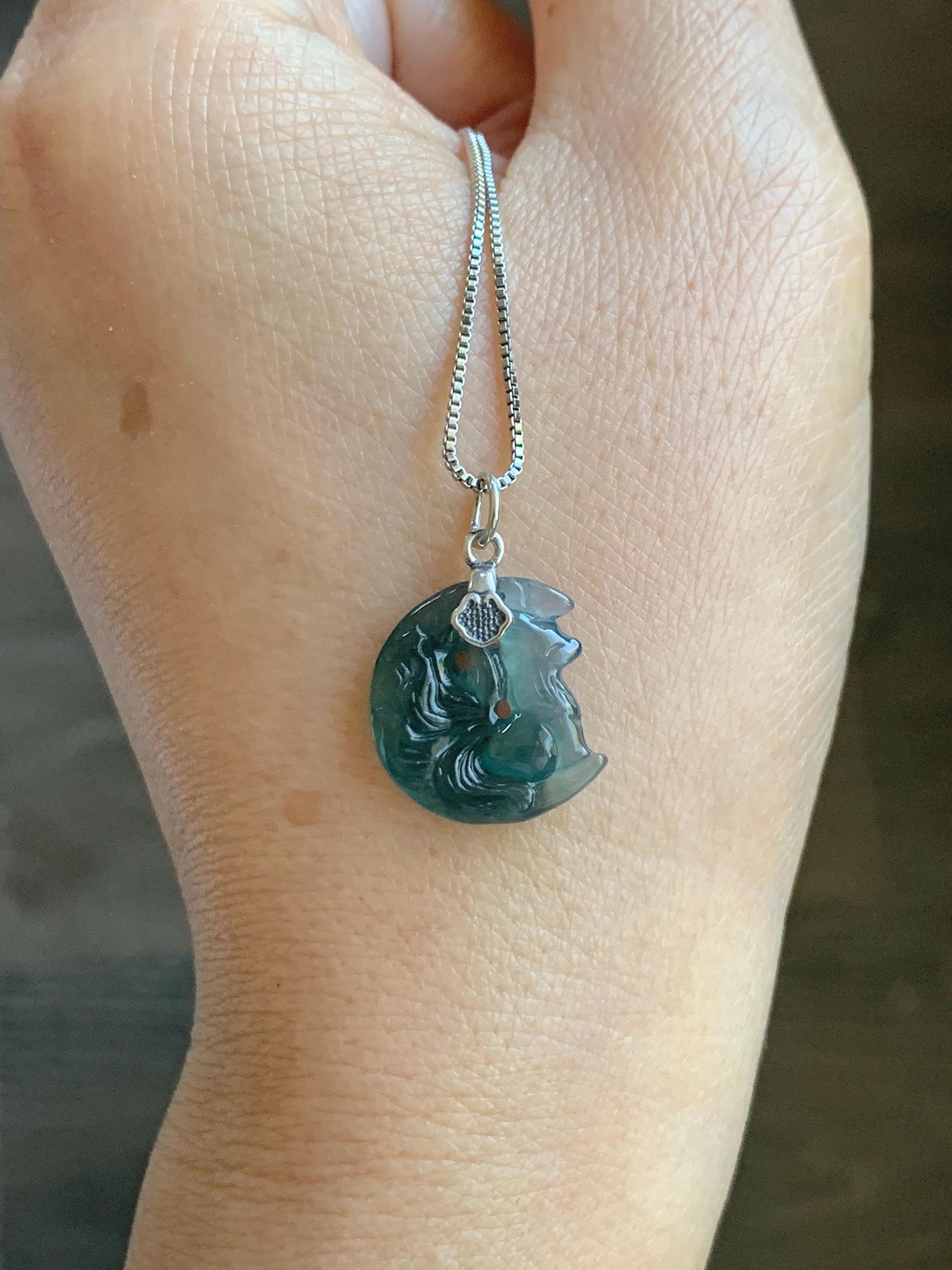 Natural Grade A Guatemalan Icy Translucent Teal Blue Jade Jadeite Nine-tailed Fox Petite Pendant Sterling Silver 天然冰危蓝绿翡翠迷你九尾狐月亮镶嵌吊坠 WXK253J