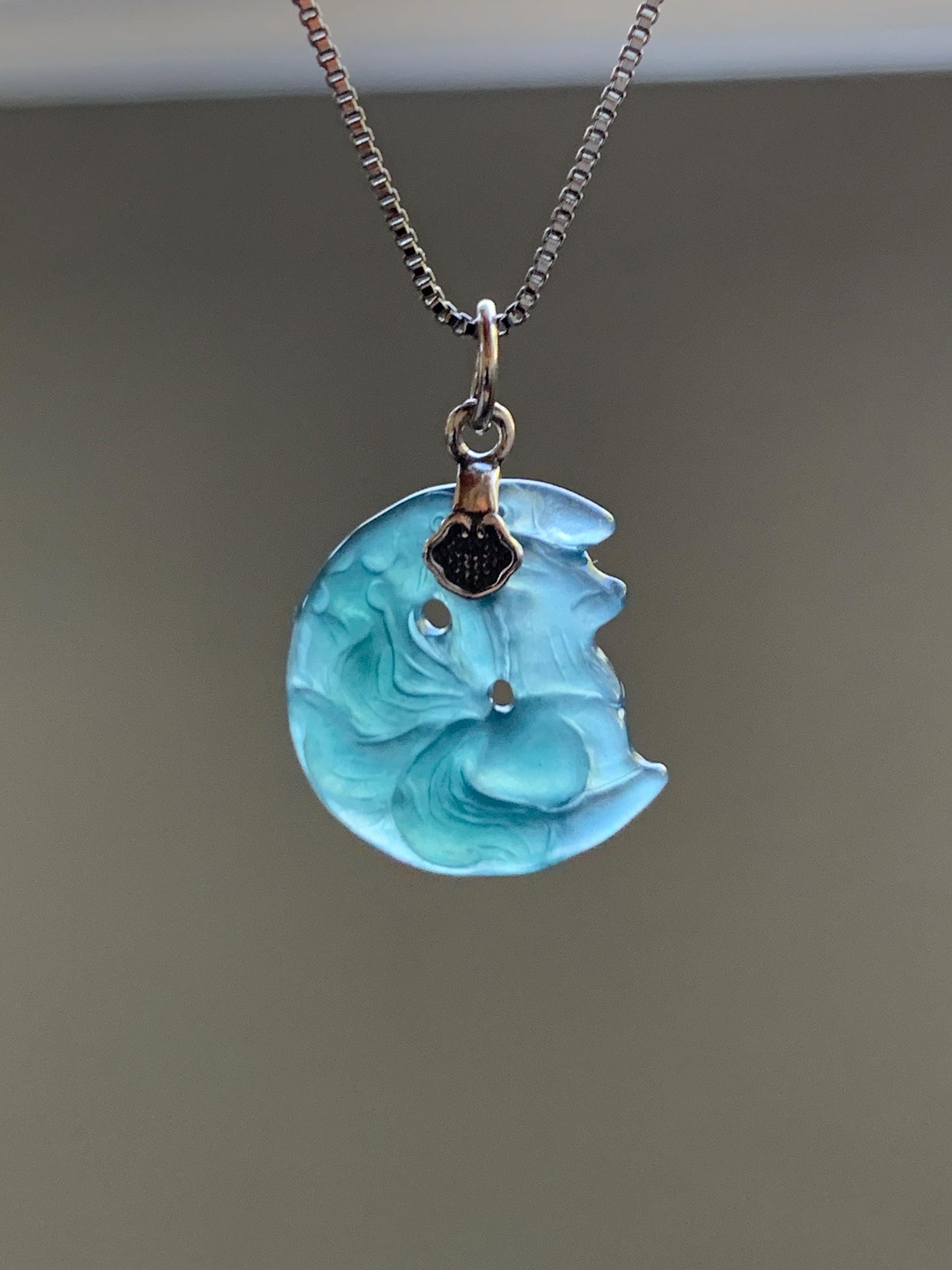 Natural Grade A Guatemalan Icy Translucent Teal Blue Jade Jadeite Nine-tailed Fox Petite Pendant Sterling Silver 天然冰危蓝绿翡翠迷你九尾狐月亮镶嵌吊坠 WXK253J