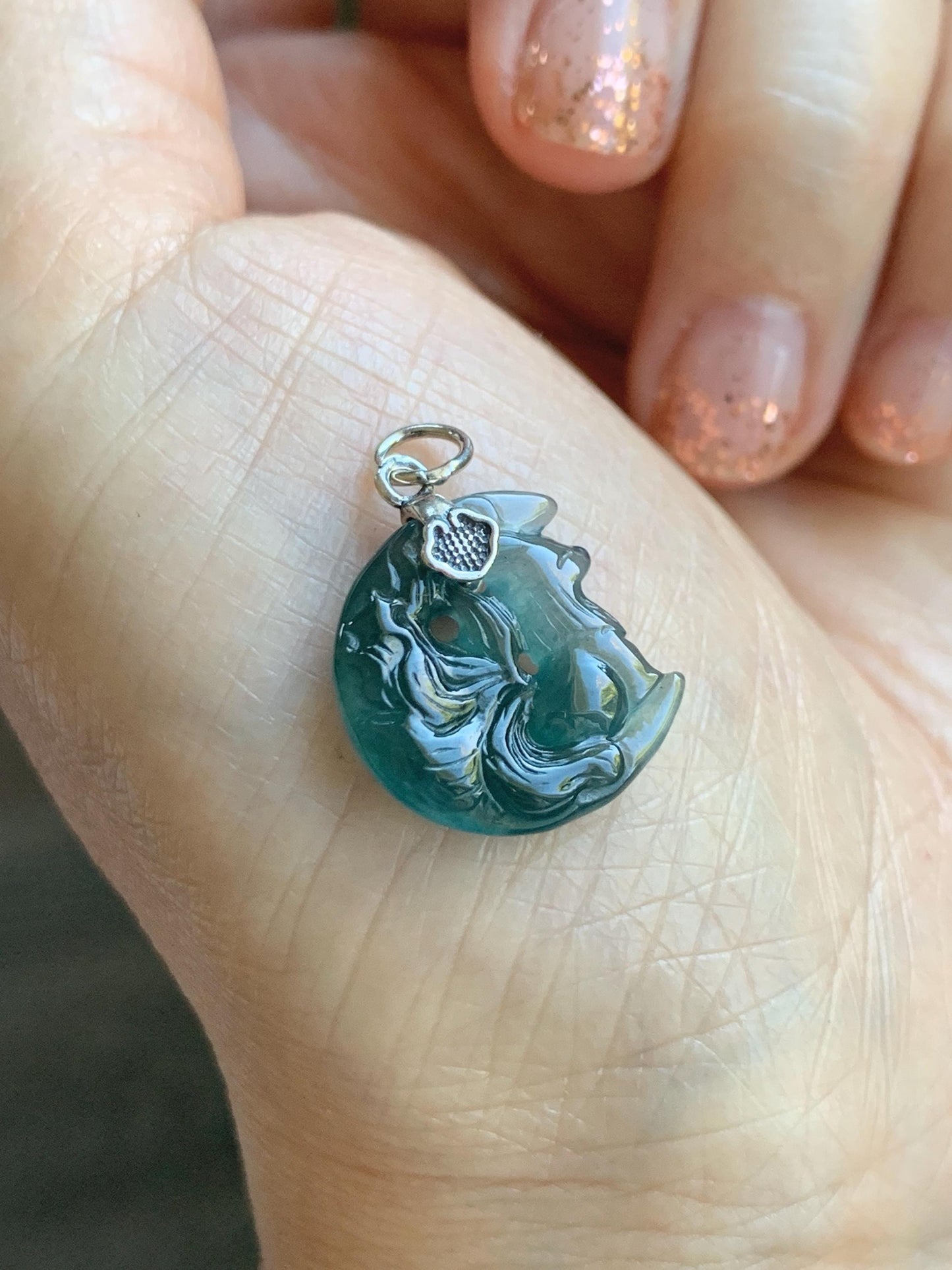 Natural Grade A Guatemalan Icy Translucent Teal Blue Jade Jadeite Nine-tailed Fox Petite Pendant Sterling Silver 天然冰危蓝绿翡翠迷你九尾狐月亮镶嵌吊坠 WXK253J