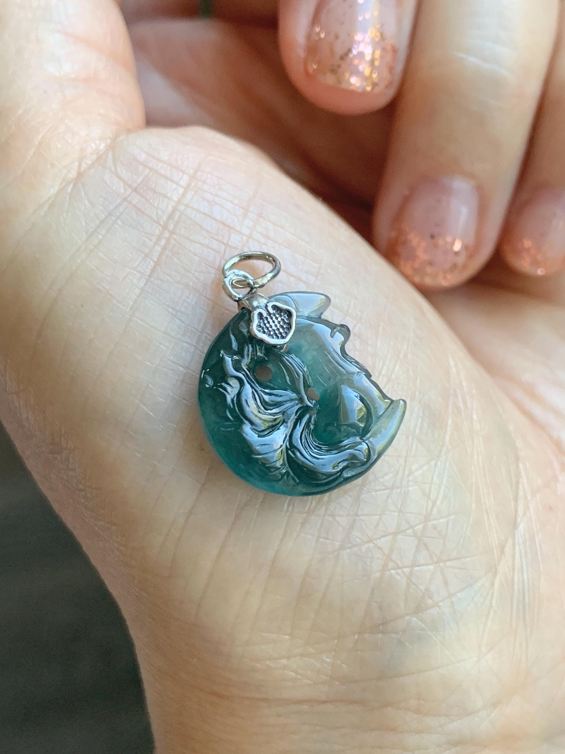 Natural Grade A Guatemalan Icy Translucent Teal Blue Jade Jadeite Nine-tailed Fox Petite Pendant Sterling Silver 天然冰危蓝绿翡翠迷你九尾狐月亮镶嵌吊坠 WXK253J