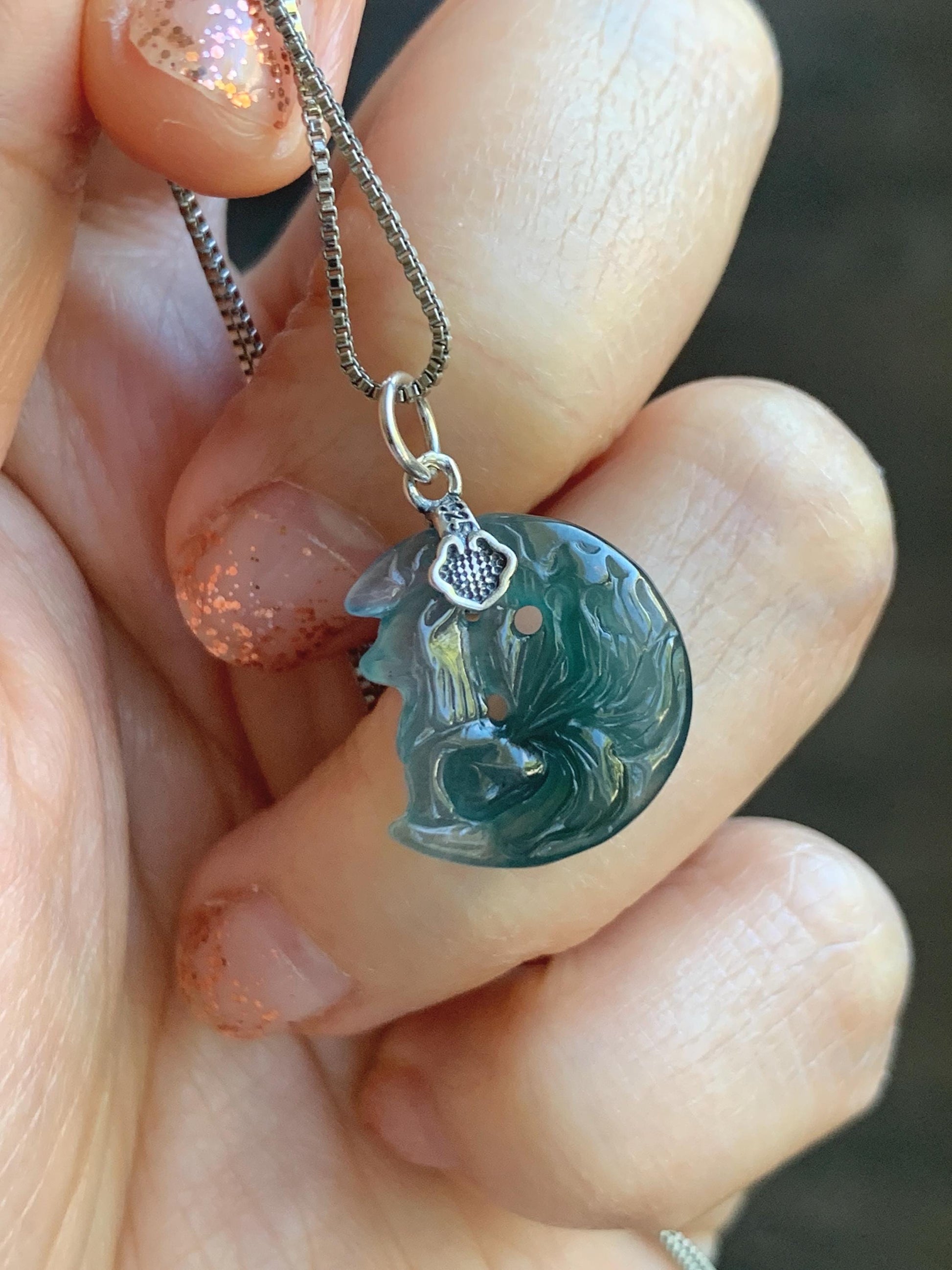 Natural Grade A Guatemalan Icy Translucent Teal Blue Jade Jadeite Nine-tailed Fox Petite Pendant Sterling Silver 天然冰危蓝绿翡翠迷你九尾狐月亮镶嵌吊坠 WXK253J
