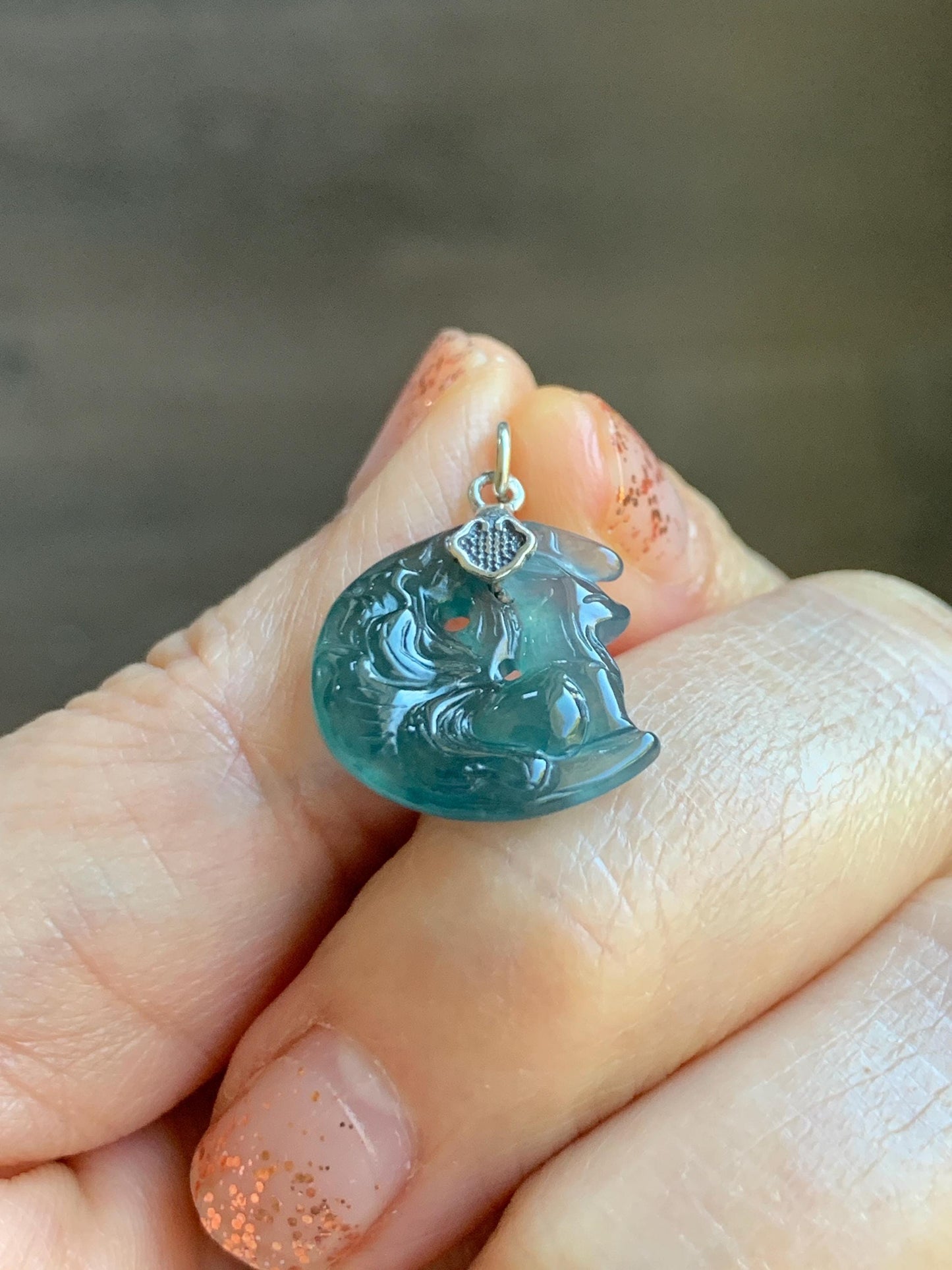 Natural Grade A Guatemalan Icy Translucent Teal Blue Jade Jadeite Nine-tailed Fox Petite Pendant Sterling Silver 天然冰危蓝绿翡翠迷你九尾狐月亮镶嵌吊坠 WXK253J