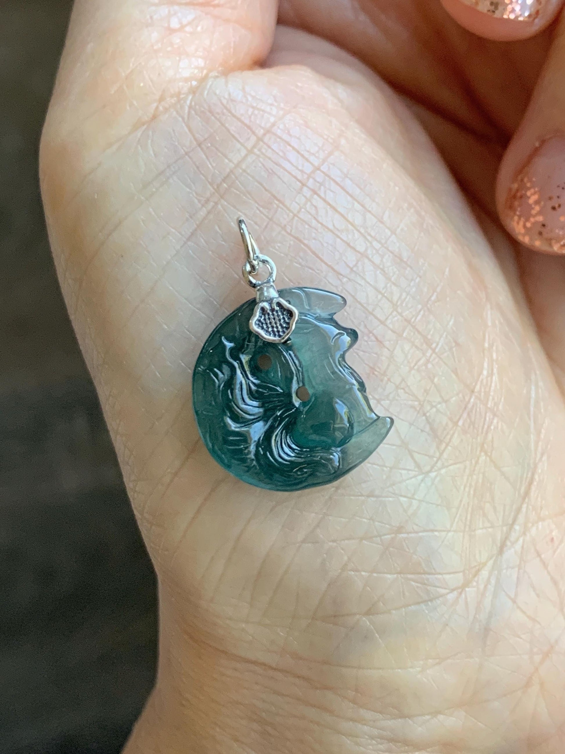 Natural Grade A Guatemalan Icy Translucent Teal Blue Jade Jadeite Nine-tailed Fox Petite Pendant Sterling Silver 天然冰危蓝绿翡翠迷你九尾狐月亮镶嵌吊坠 WXK253J