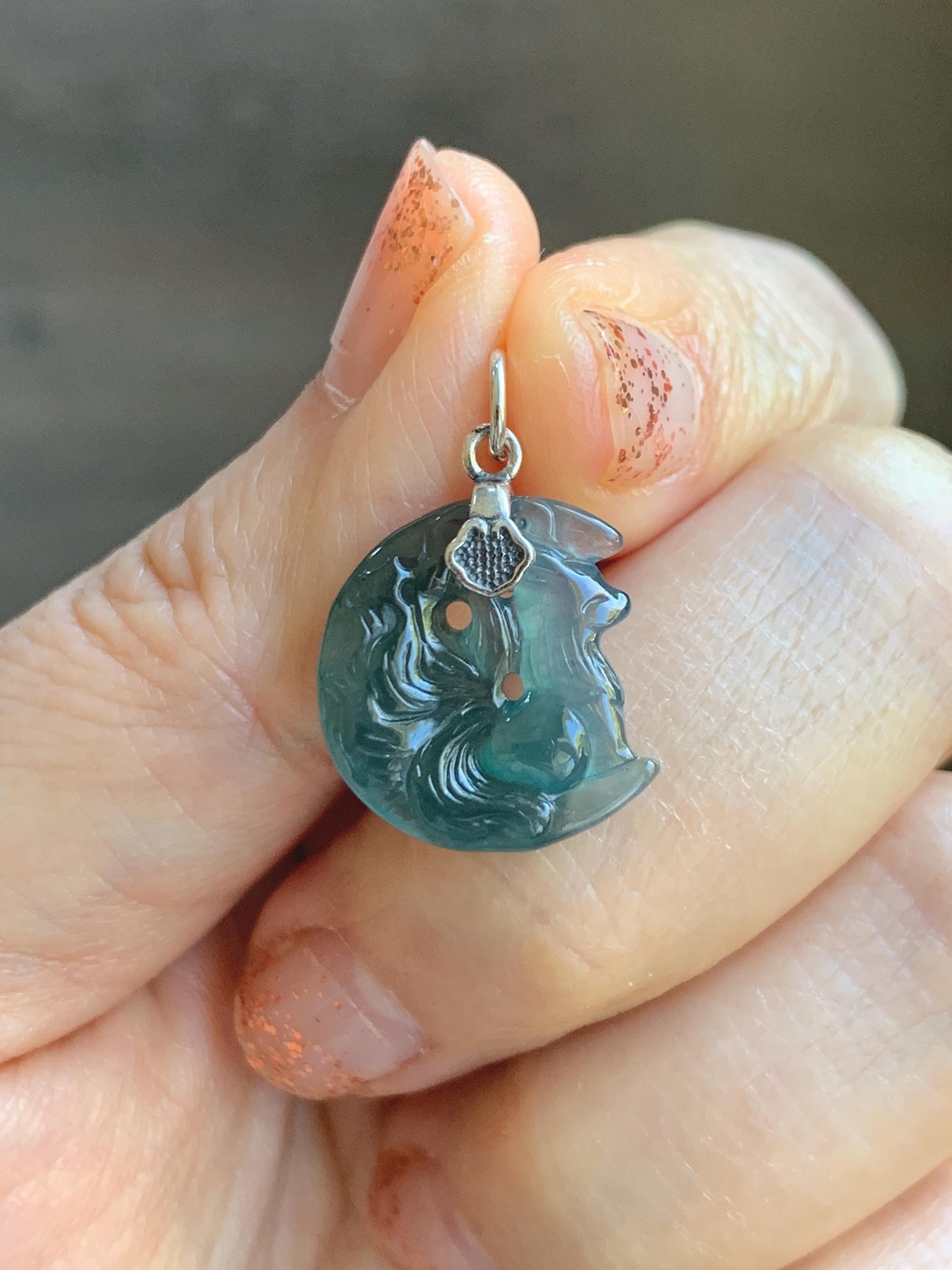 Natural Grade A Guatemalan Icy Translucent Teal Blue Jade Jadeite Nine-tailed Fox Petite Pendant Sterling Silver 天然冰危蓝绿翡翠迷你九尾狐月亮镶嵌吊坠 WXK253J