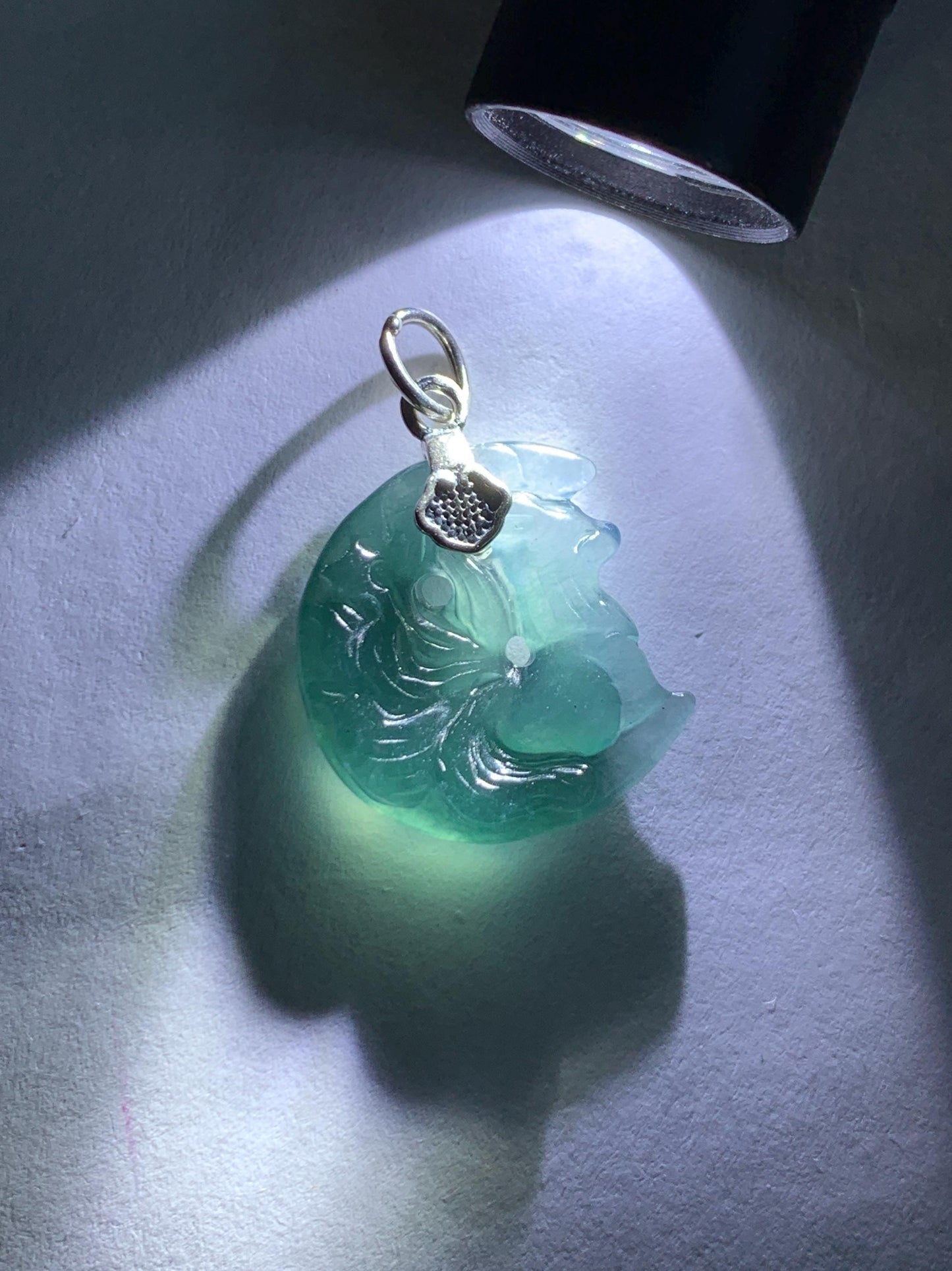 Natural Grade A Guatemalan Icy Translucent Teal Blue Jade Jadeite Nine-tailed Fox Petite Pendant Sterling Silver 天然冰危蓝绿翡翠迷你九尾狐月亮镶嵌吊坠 WXK253J