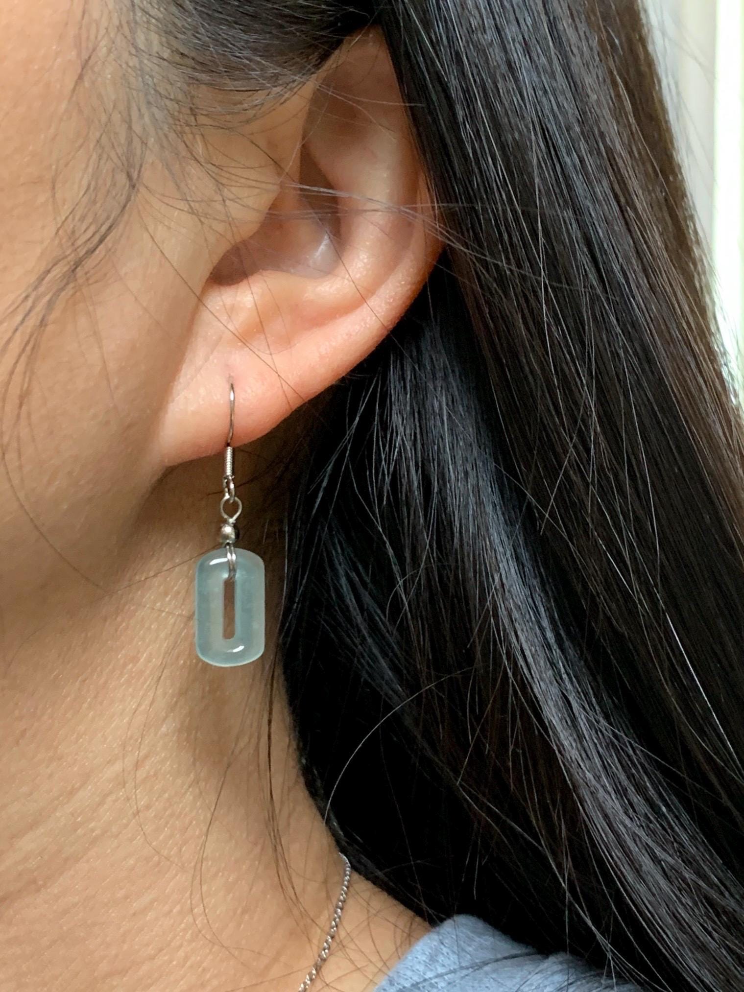 Natural Guatemalan Grade A Icy Highly Translucent Pastel Teal Jade Jadeite Dangle Earrings White Gold Plated 天然冰危浅蓝翡翠长方扣包金耳吊 WFQ150