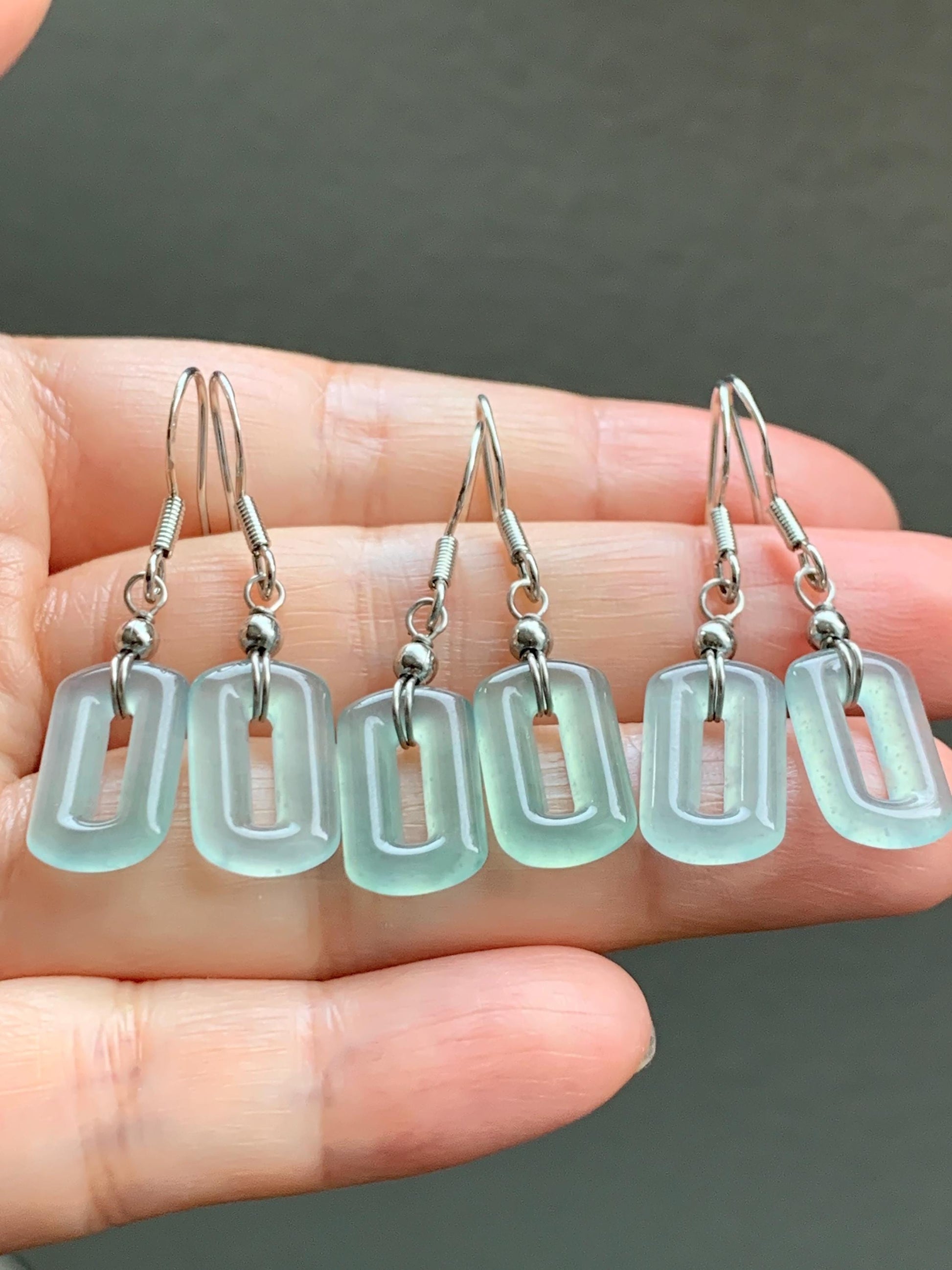 Natural Guatemalan Grade A Icy Highly Translucent Pastel Teal Jade Jadeite Dangle Earrings White Gold Plated 天然冰危浅蓝翡翠长方扣包金耳吊 WFQ150
