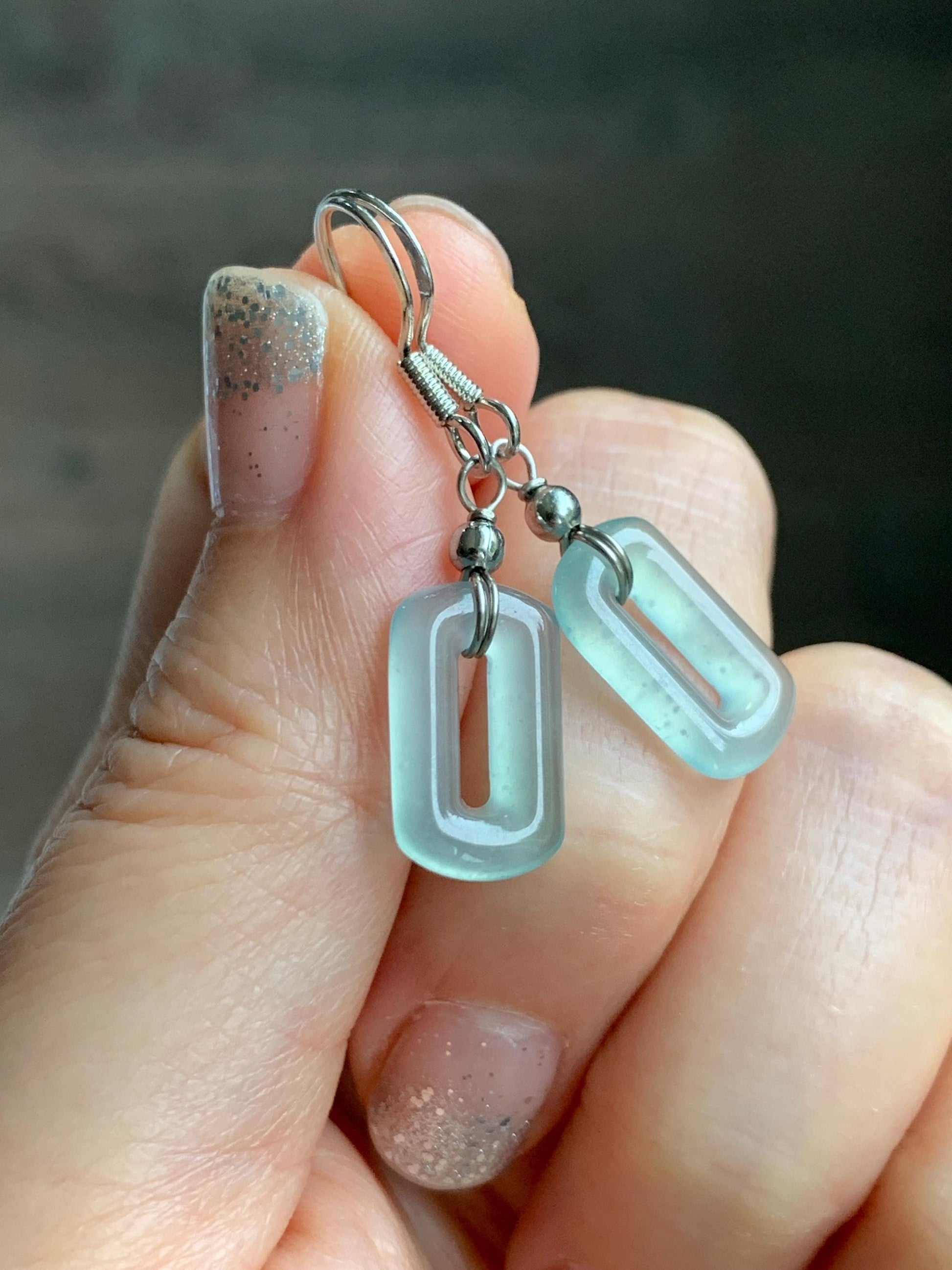 Natural Guatemalan Grade A Icy Highly Translucent Pastel Teal Jade Jadeite Dangle Earrings White Gold Plated 天然冰危浅蓝翡翠长方扣包金耳吊 WFQ150