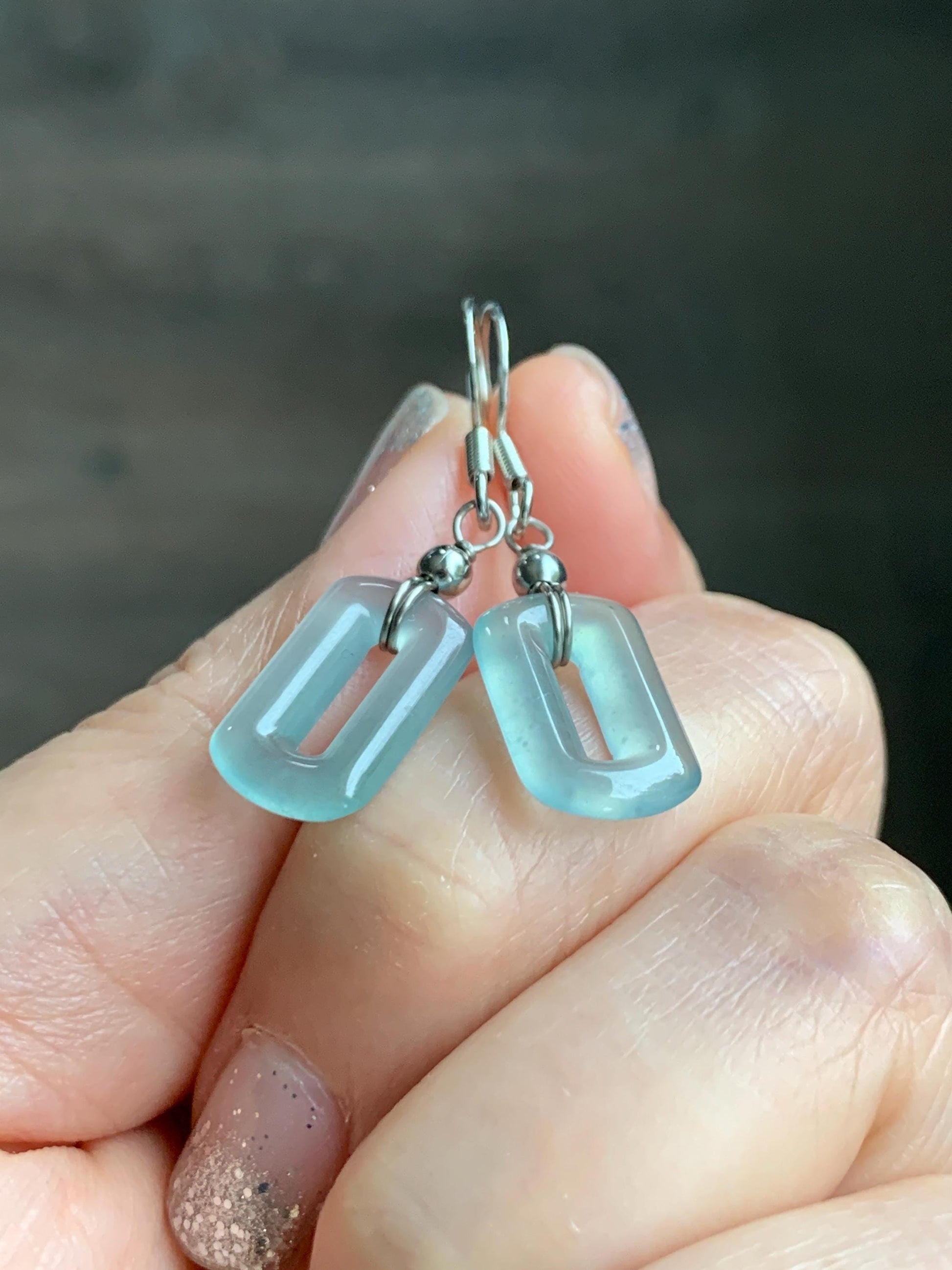 Natural Guatemalan Grade A Icy Highly Translucent Pastel Teal Jade Jadeite Dangle Earrings White Gold Plated 天然冰危浅蓝翡翠长方扣包金耳吊 WFQ150