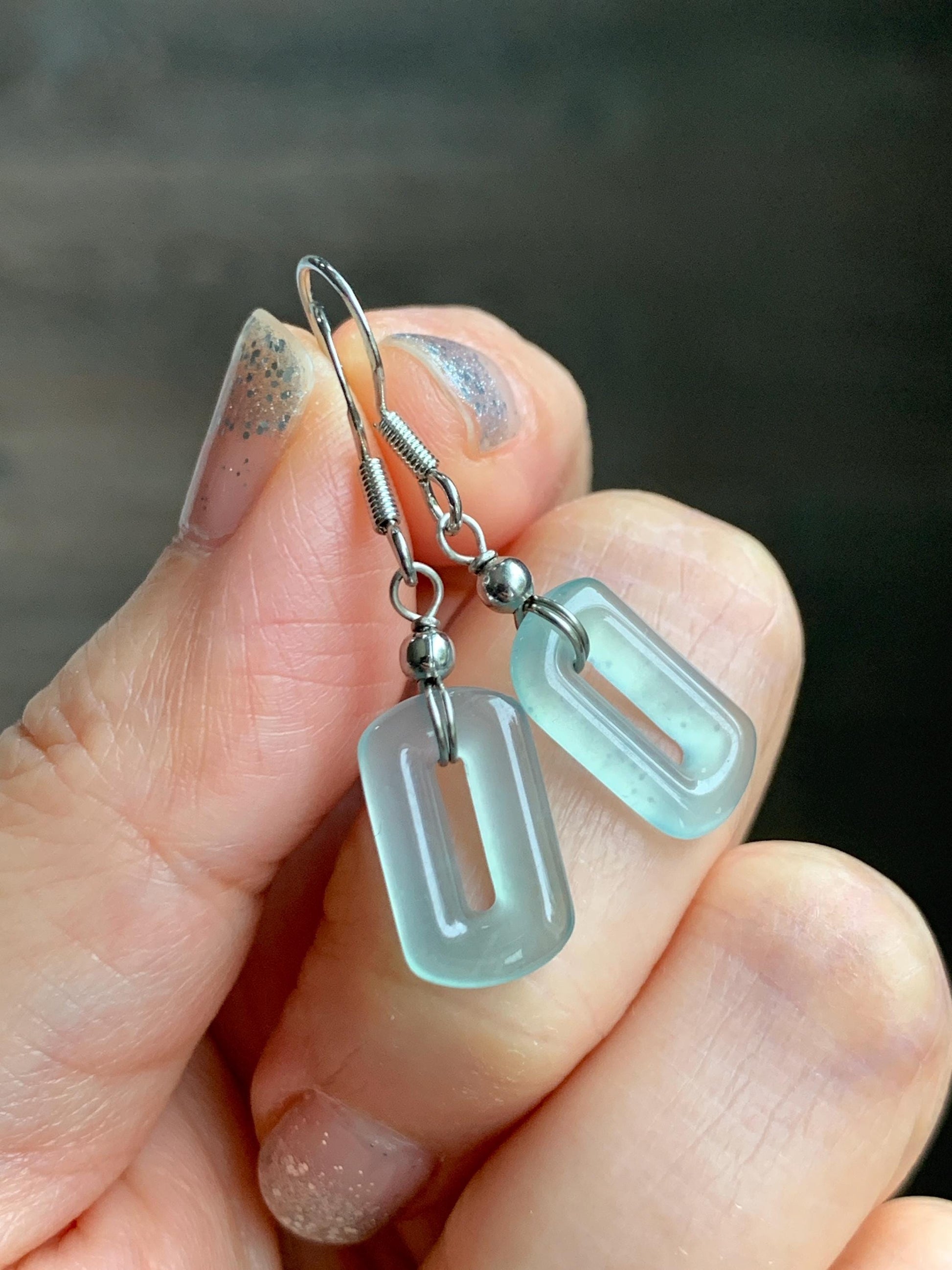 Natural Guatemalan Grade A Icy Highly Translucent Pastel Teal Jade Jadeite Dangle Earrings White Gold Plated 天然冰危浅蓝翡翠长方扣包金耳吊 WFQ150