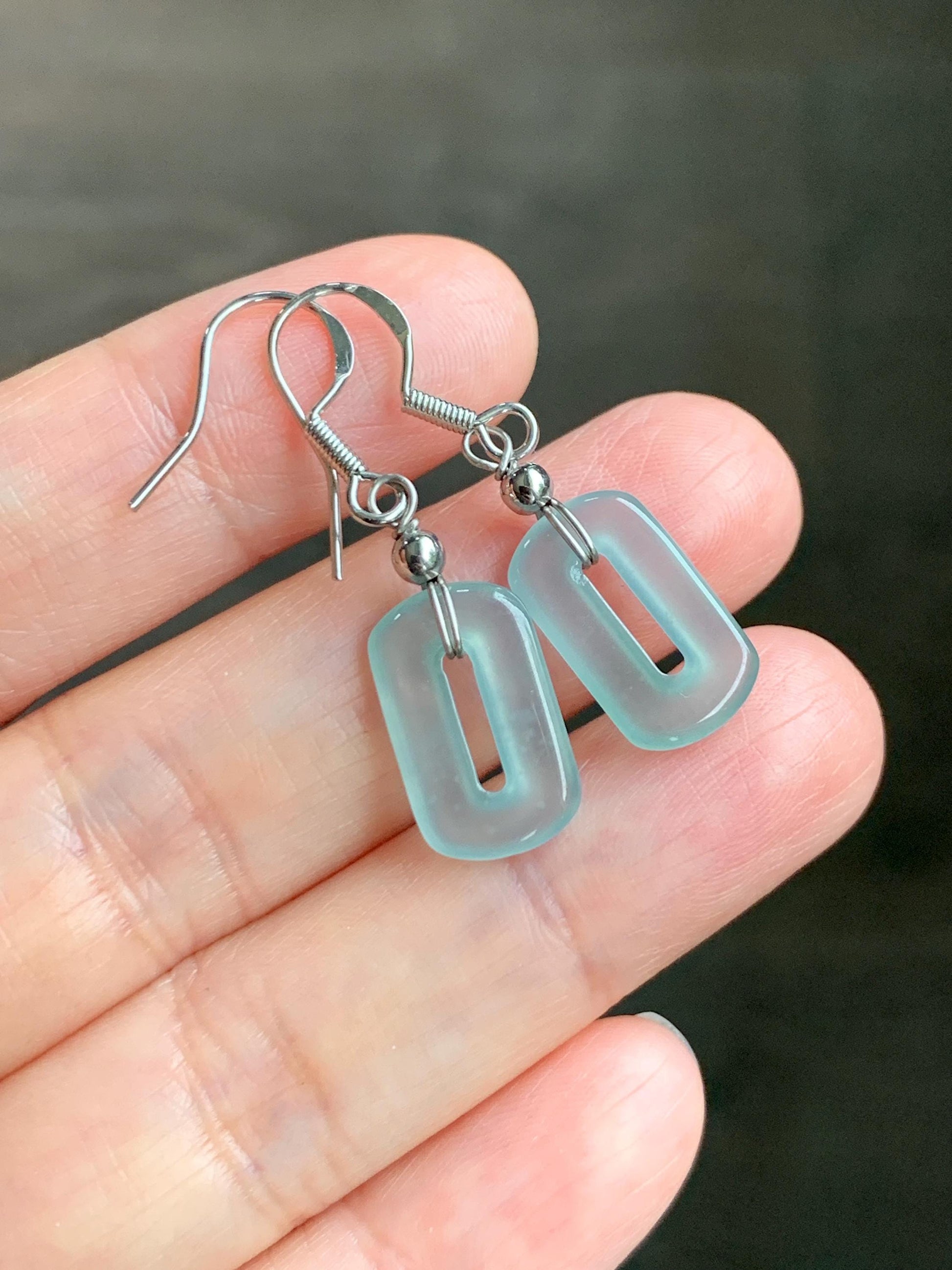 Natural Guatemalan Grade A Icy Highly Translucent Pastel Teal Jade Jadeite Dangle Earrings White Gold Plated 天然冰危浅蓝翡翠长方扣包金耳吊 WFQ150