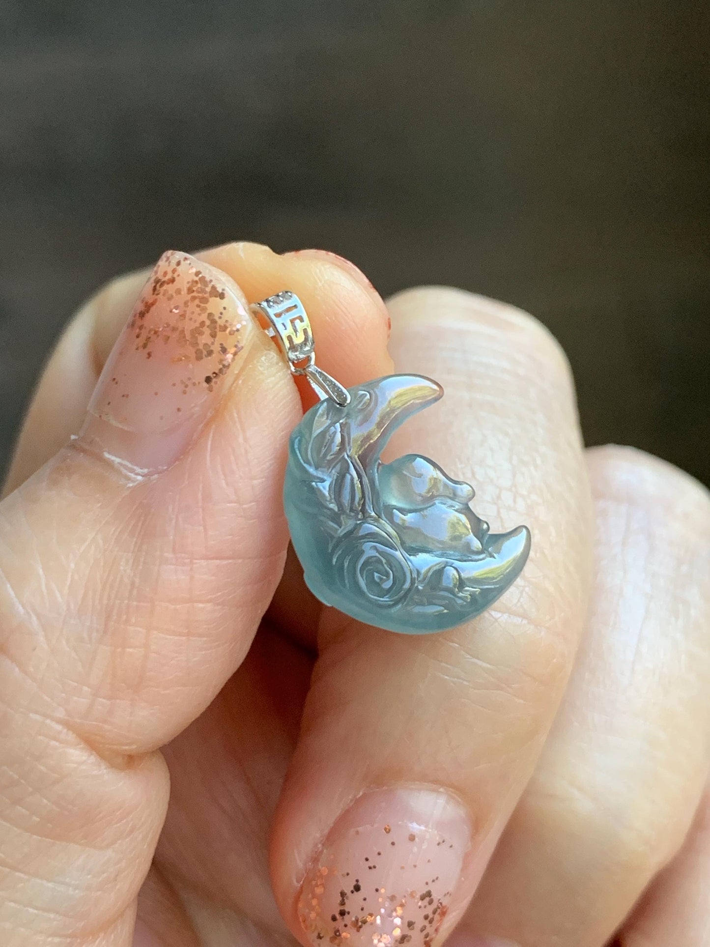 Natural Grade A Guatemalan Icy Translucent Light Teal Jadeite Rabbit Crescent Moon Petite Pendant Sterling Silver 天然冰危浅蓝翡翠迷你月亮兔吊坠 WXK253T