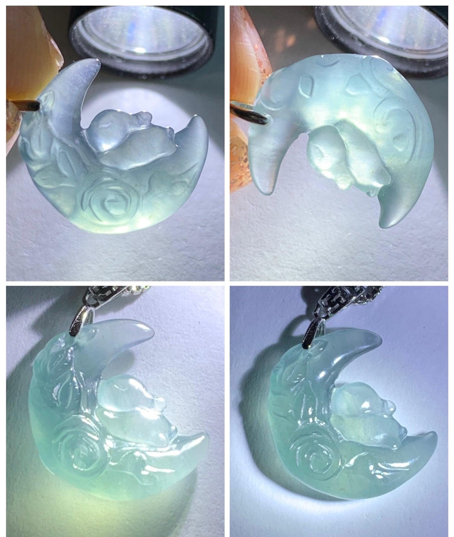 Natural Grade A Guatemalan Icy Translucent Light Teal Jadeite Rabbit Crescent Moon Petite Pendant Sterling Silver 天然冰危浅蓝翡翠迷你月亮兔吊坠 WXK253T