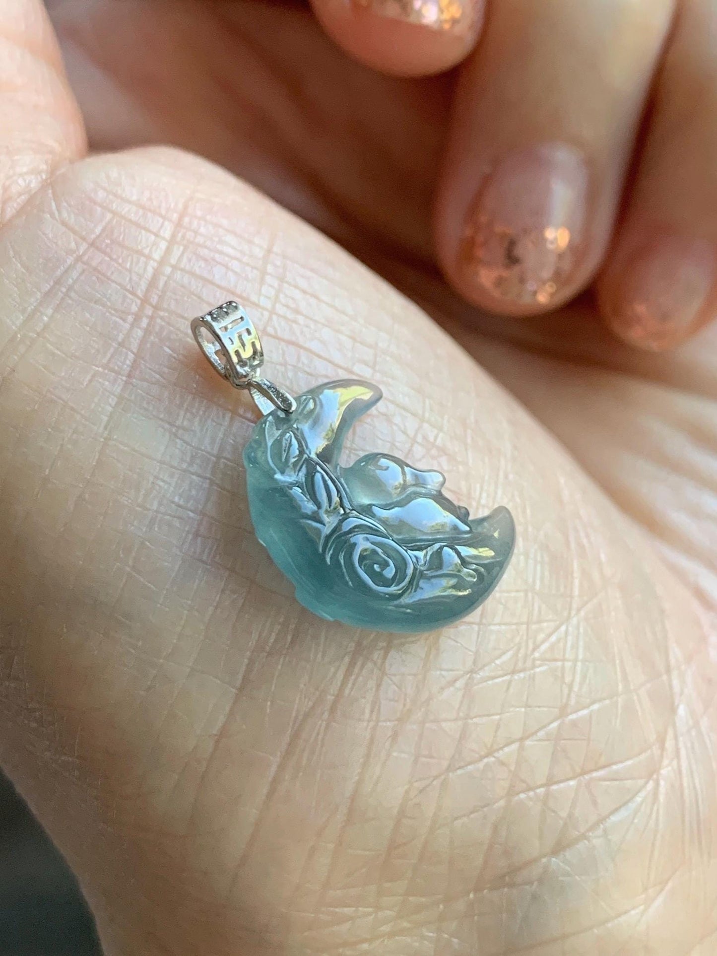 Natural Grade A Guatemalan Icy Translucent Light Teal Jadeite Rabbit Crescent Moon Petite Pendant Sterling Silver 天然冰危浅蓝翡翠迷你月亮兔吊坠 WXK253T