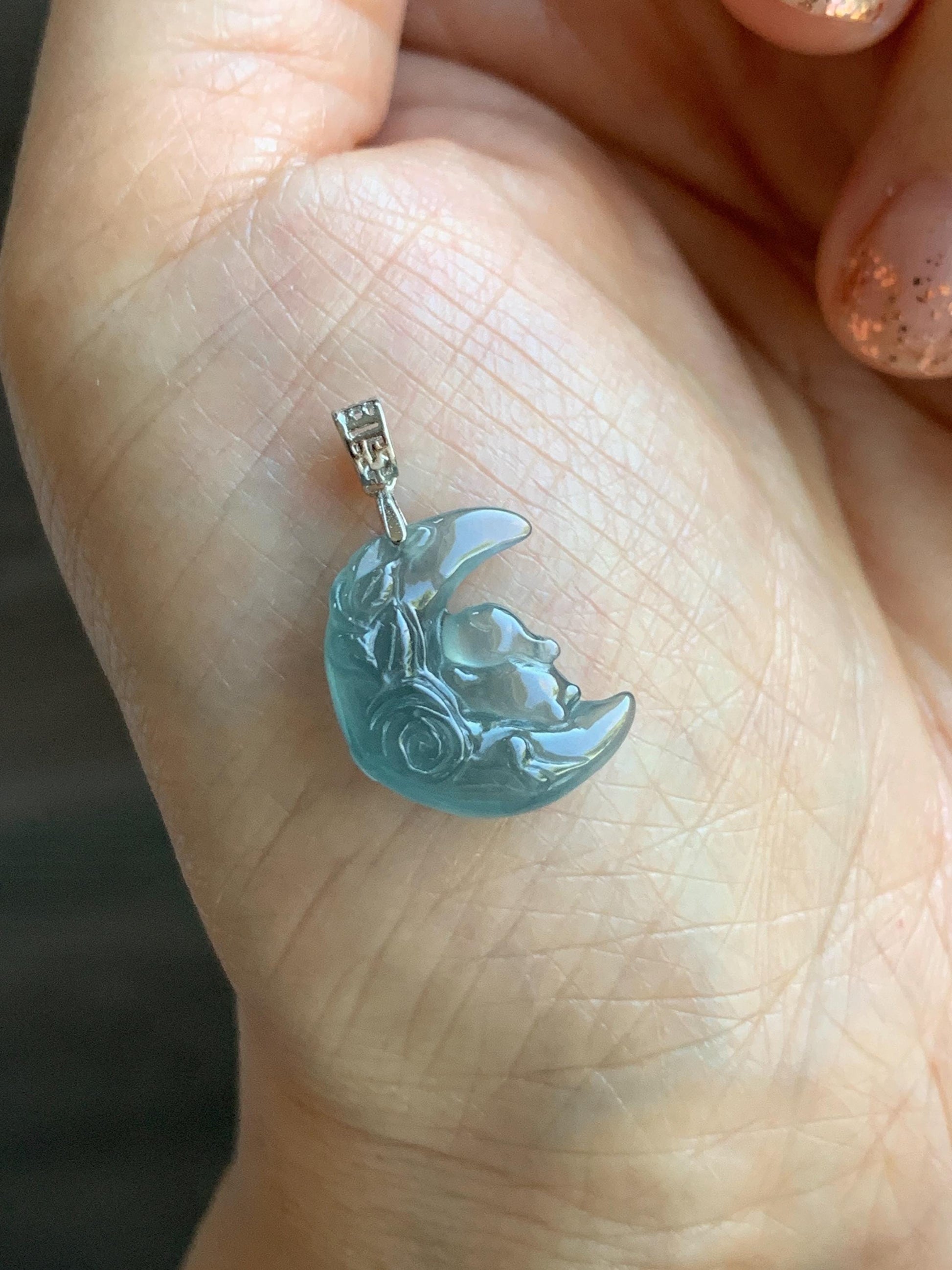Natural Grade A Guatemalan Icy Translucent Light Teal Jadeite Rabbit Crescent Moon Petite Pendant Sterling Silver 天然冰危浅蓝翡翠迷你月亮兔吊坠 WXK253T