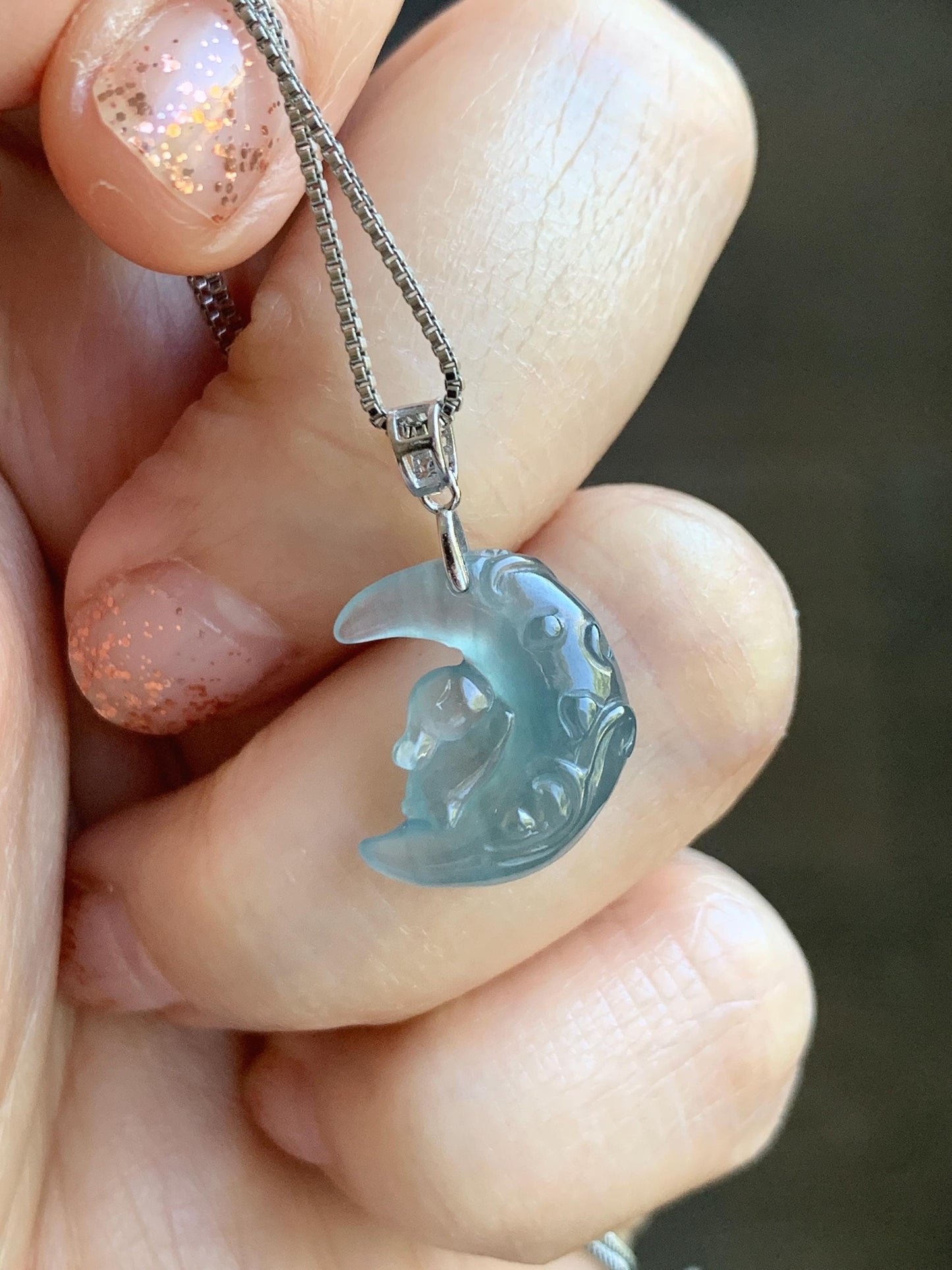 Natural Grade A Guatemalan Icy Translucent Light Teal Jadeite Rabbit Crescent Moon Petite Pendant Sterling Silver 天然冰危浅蓝翡翠迷你月亮兔吊坠 WXK253T
