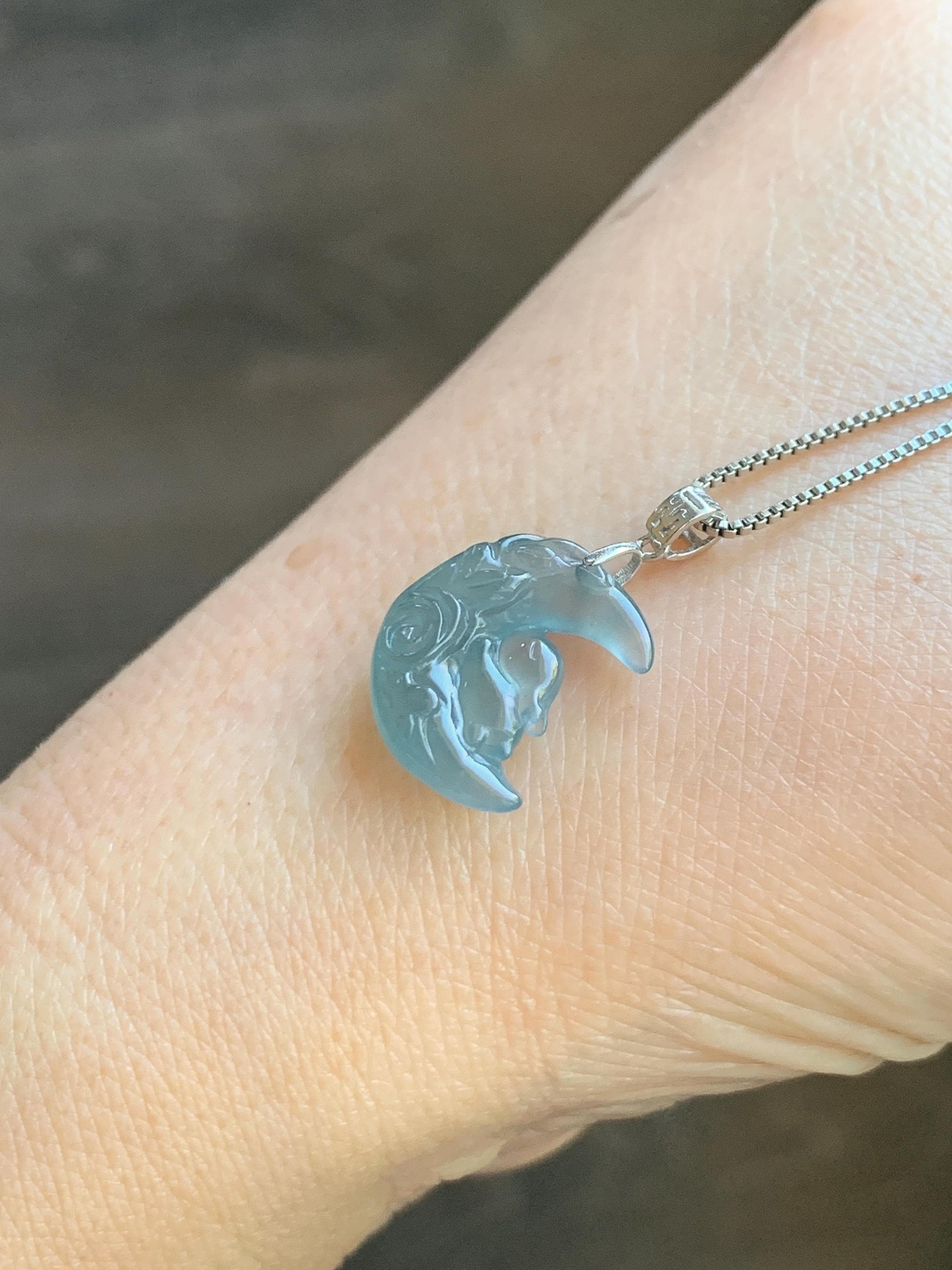 Natural Grade A Guatemalan Icy Translucent Light Teal Jadeite Rabbit Crescent Moon Petite Pendant Sterling Silver 天然冰危浅蓝翡翠迷你月亮兔吊坠 WXK253T