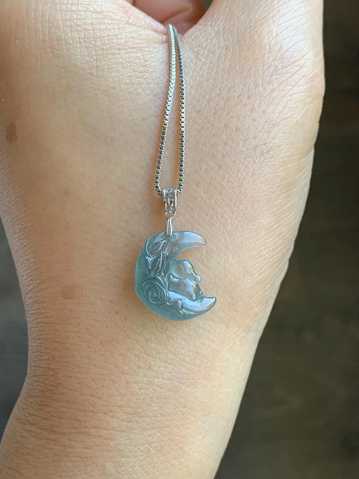 Natural Grade A Guatemalan Icy Translucent Light Teal Jadeite Rabbit Crescent Moon Petite Pendant Sterling Silver 天然冰危浅蓝翡翠迷你月亮兔吊坠 WXK253T