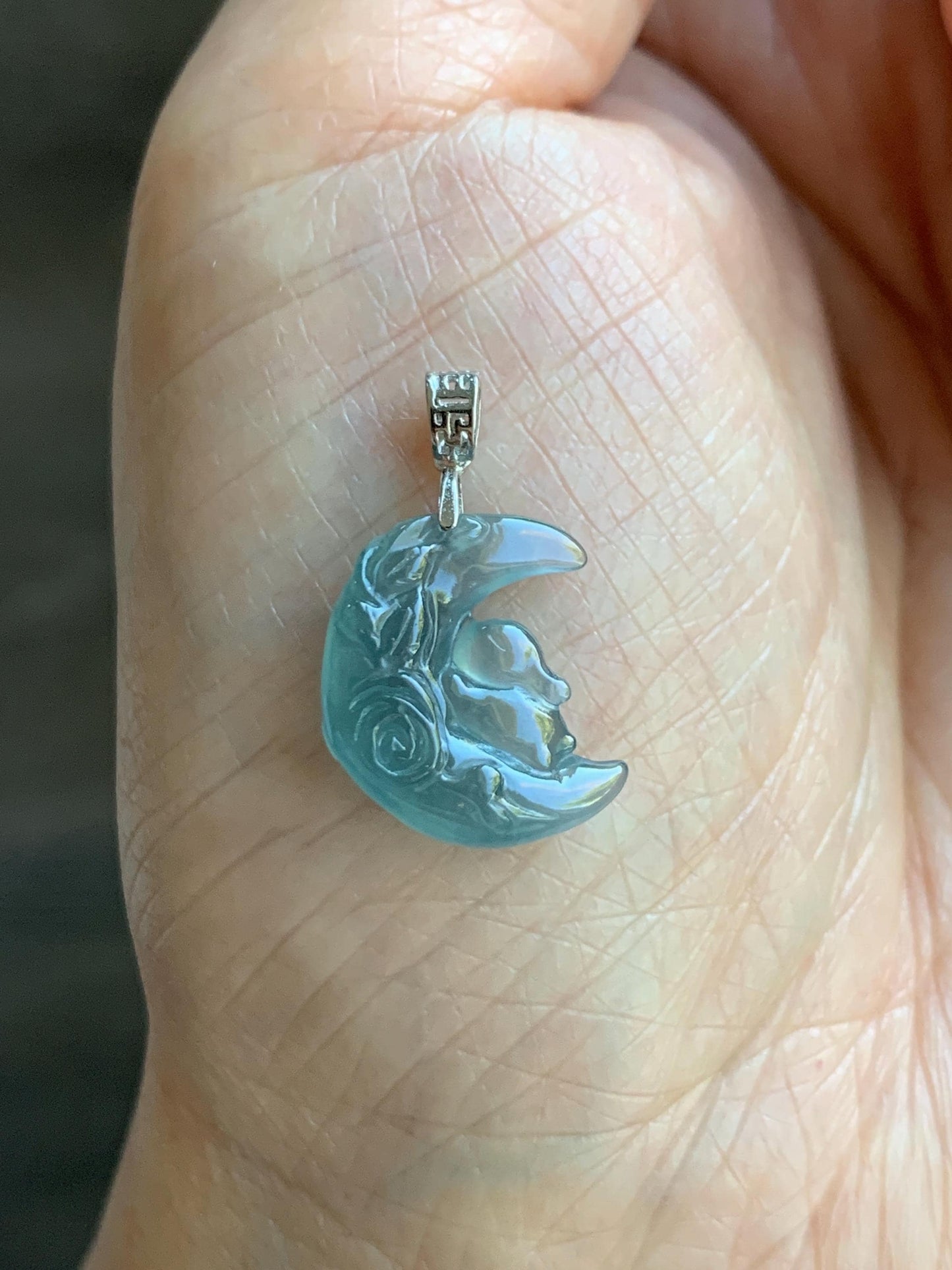 Natural Grade A Guatemalan Icy Translucent Light Teal Jadeite Rabbit Crescent Moon Petite Pendant Sterling Silver 天然冰危浅蓝翡翠迷你月亮兔吊坠 WXK253T