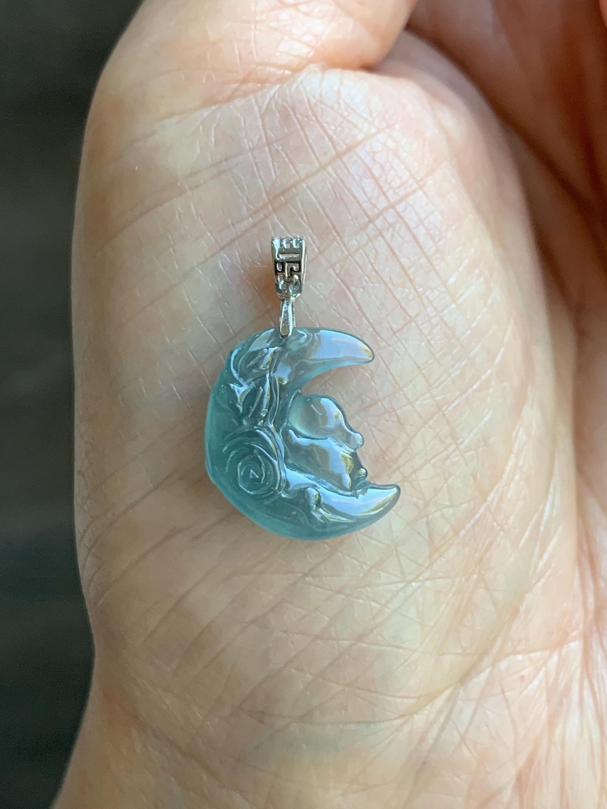 Natural Grade A Guatemalan Icy Translucent Light Teal Jadeite Rabbit Crescent Moon Petite Pendant Sterling Silver 天然冰危浅蓝翡翠迷你月亮兔吊坠 WXK253T