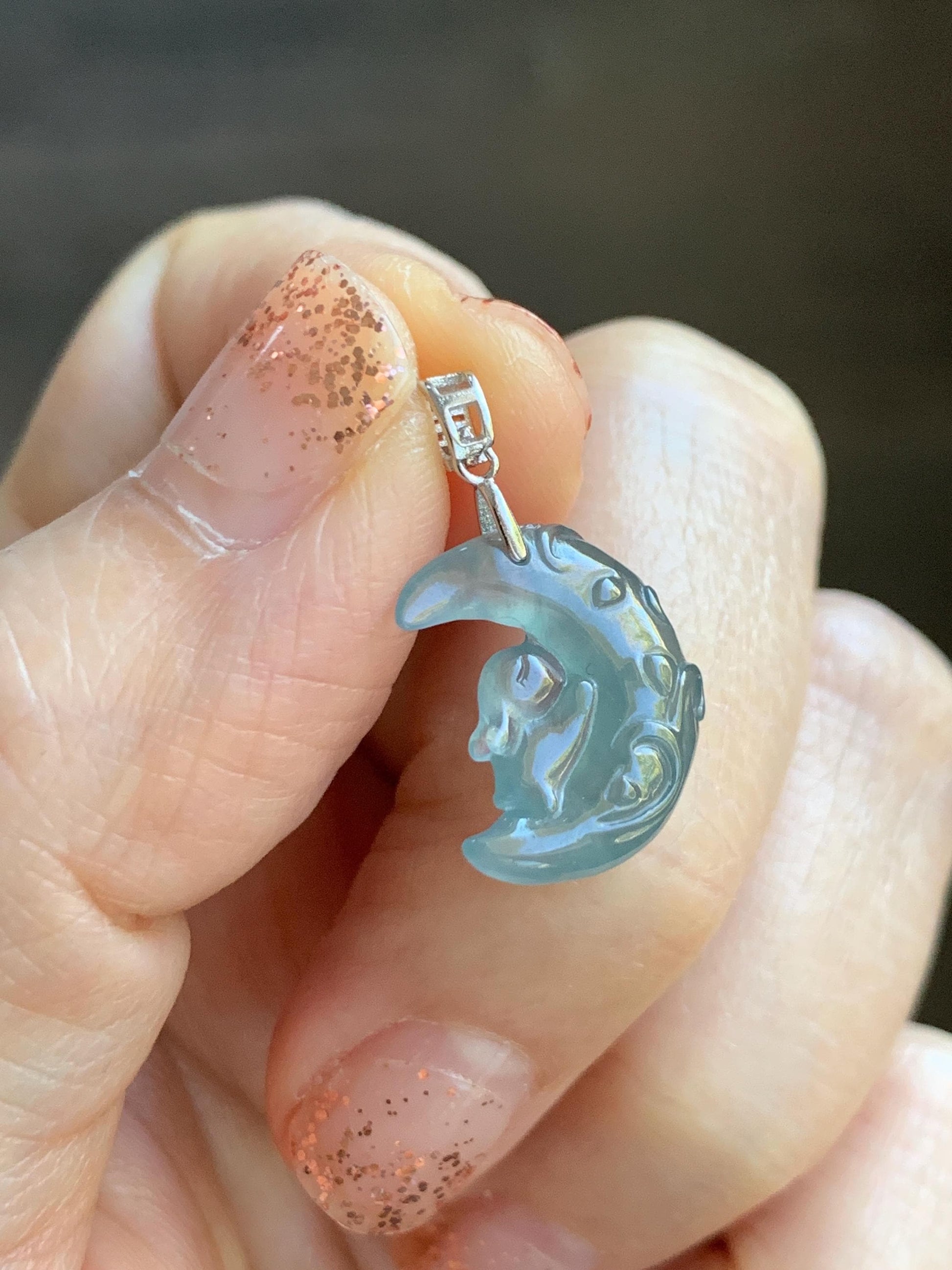 Natural Grade A Guatemalan Icy Translucent Light Teal Jadeite Rabbit Crescent Moon Petite Pendant Sterling Silver 天然冰危浅蓝翡翠迷你月亮兔吊坠 WXK253T