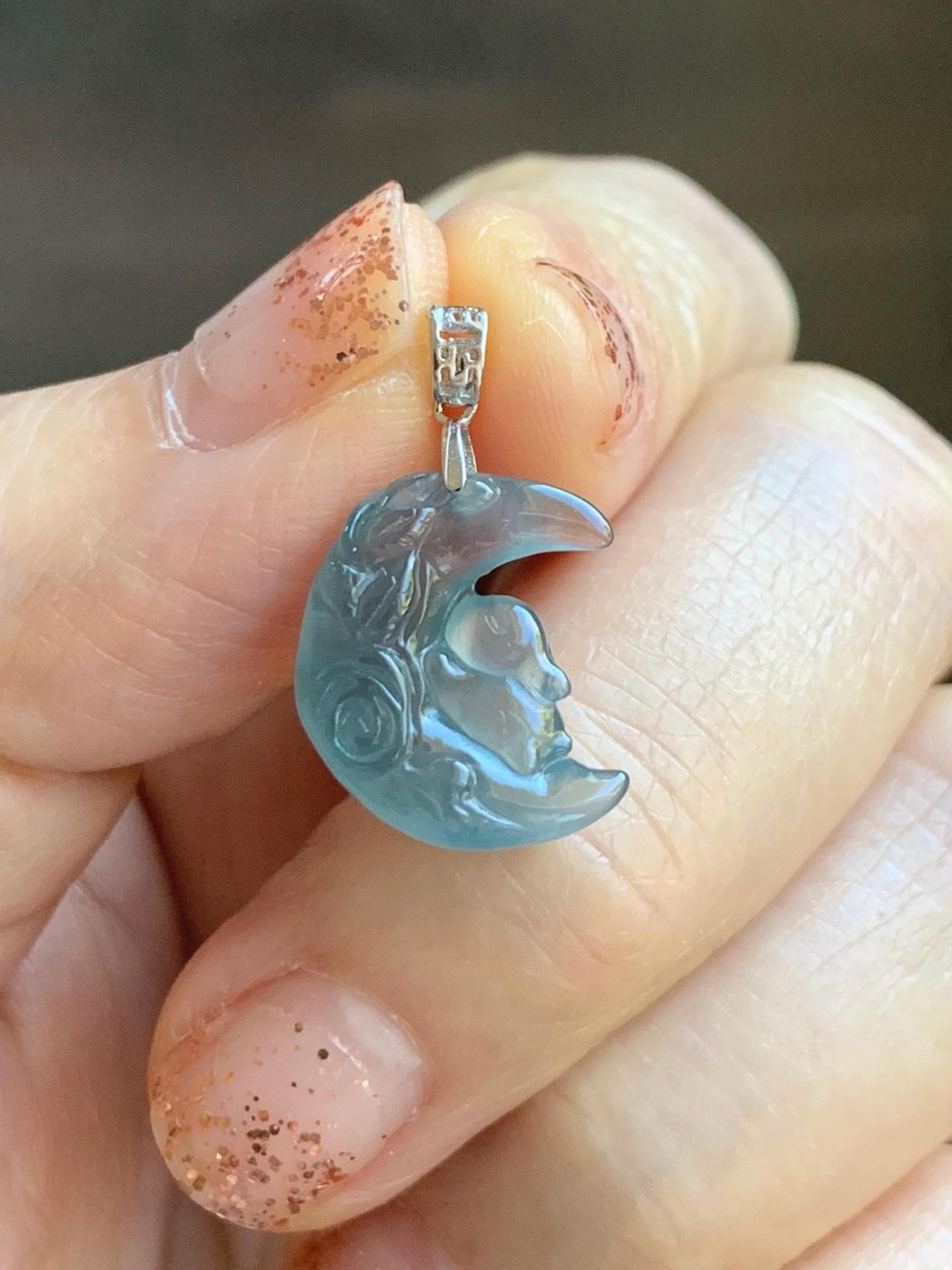 Natural Grade A Guatemalan Icy Translucent Light Teal Jadeite Rabbit Crescent Moon Petite Pendant Sterling Silver 天然冰危浅蓝翡翠迷你月亮兔吊坠 WXK253T