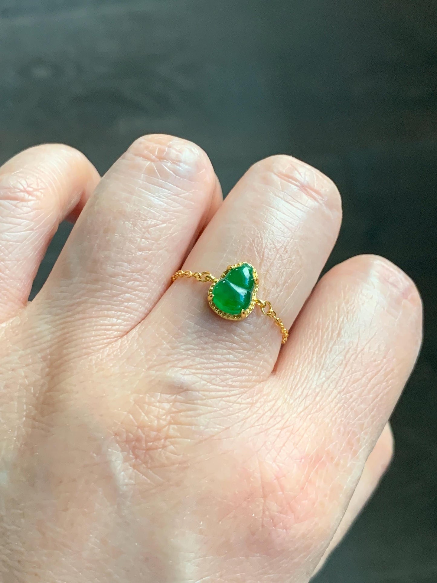 Natural Guatemalan Grade A Icy Vibrant Green Jade Jadeite Gourd Hulu Petite Chain Ring Sterling Silver Adjustable 天然冰危绿翡翠葫芦镶嵌戒链戒指 WHL65A