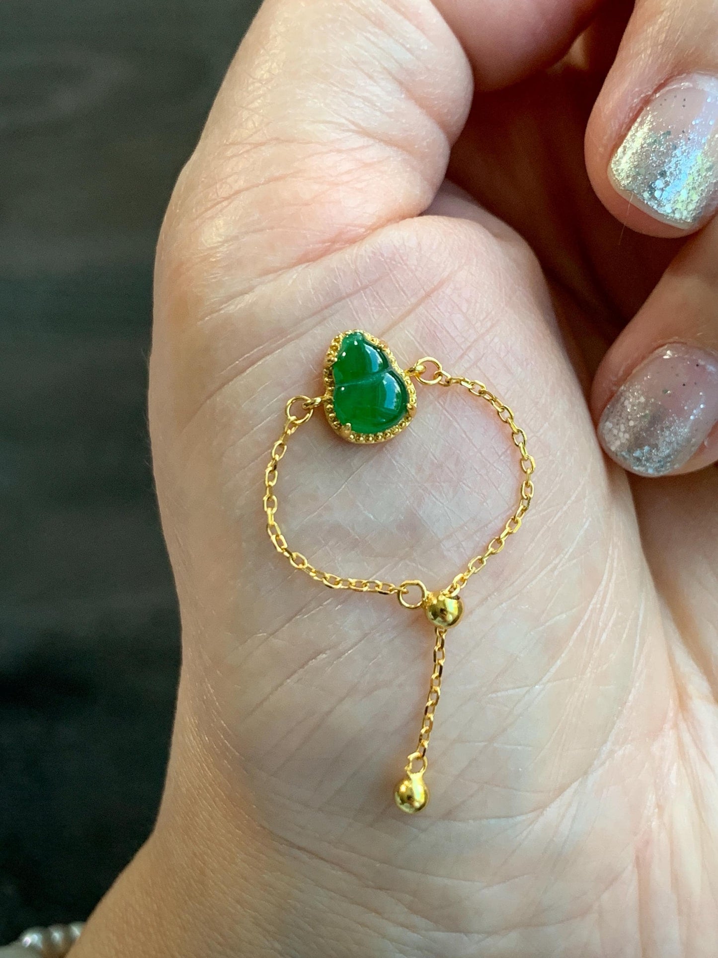 Natural Guatemalan Grade A Icy Vibrant Green Jade Jadeite Gourd Hulu Petite Chain Ring Sterling Silver Adjustable 天然冰危绿翡翠葫芦镶嵌戒链戒指 WHL65A