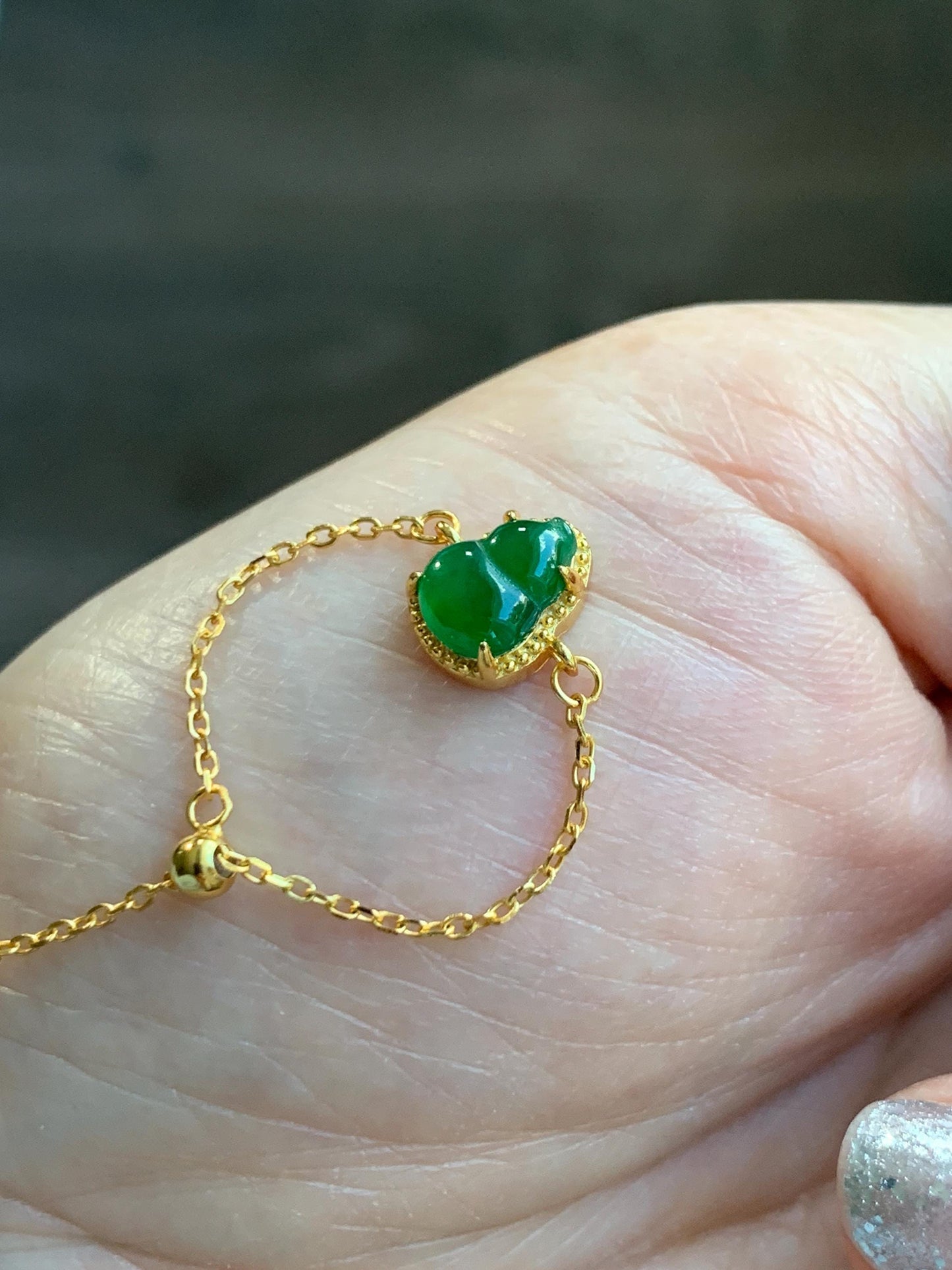 Natural Guatemalan Grade A Icy Vibrant Green Jade Jadeite Gourd Hulu Petite Chain Ring Sterling Silver Adjustable 天然冰危绿翡翠葫芦镶嵌戒链戒指 WHL65A