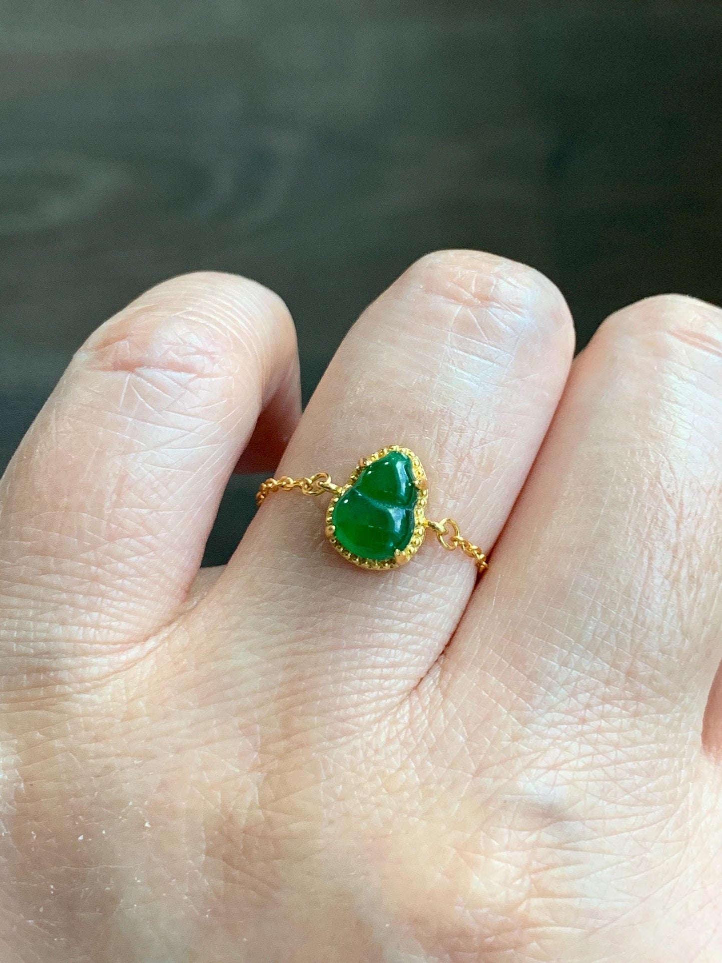 Natural Guatemalan Grade A Icy Vibrant Green Jade Jadeite Gourd Hulu Petite Chain Ring Sterling Silver Adjustable 天然冰危绿翡翠葫芦镶嵌戒链戒指 WHL65A