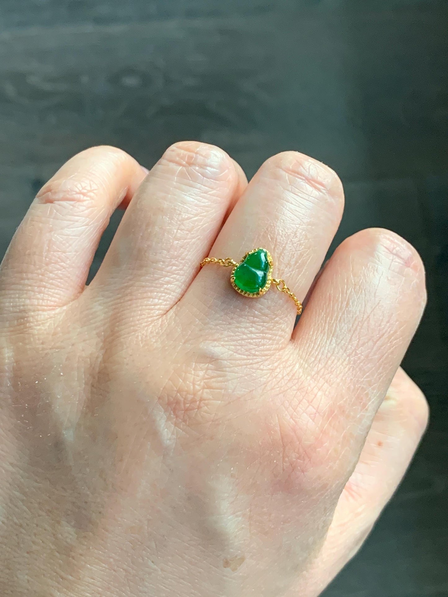 Natural Guatemalan Grade A Icy Vibrant Green Jade Jadeite Gourd Hulu Petite Chain Ring Sterling Silver Adjustable 天然冰危绿翡翠葫芦镶嵌戒链戒指 WHL65A
