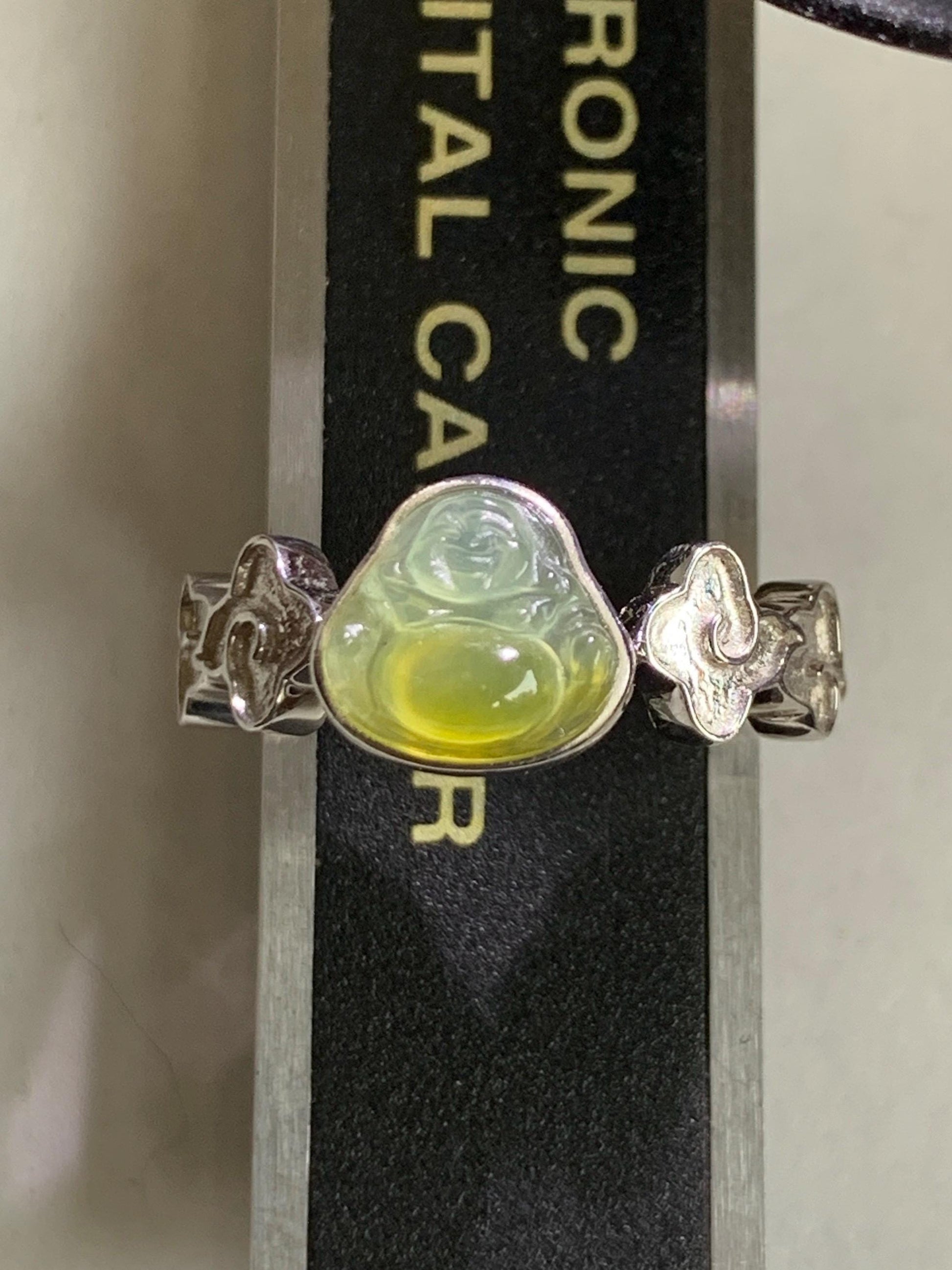 Certified Natural Guatemalan Icy Translucent Pastel Blue Yellow Marbled Jade Jadeite Buddha Ring Sterling Silver Size 6.25 天然冰危黄蓝翡翠佛公戒指 193
