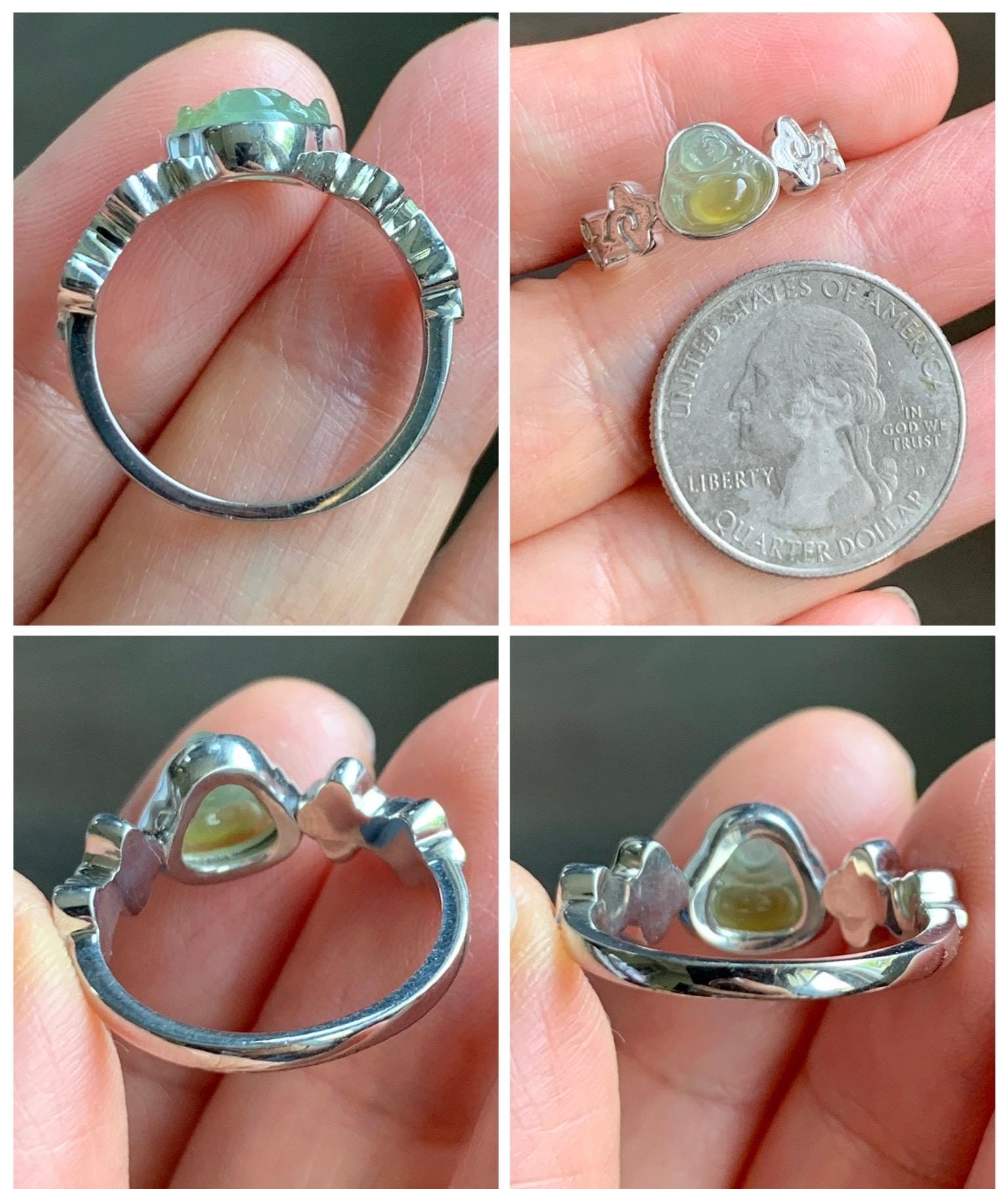 Certified Natural Guatemalan Icy Translucent Pastel Blue Yellow Marbled Jade Jadeite Buddha Ring Sterling Silver Size 6.25 天然冰危黄蓝翡翠佛公戒指 193
